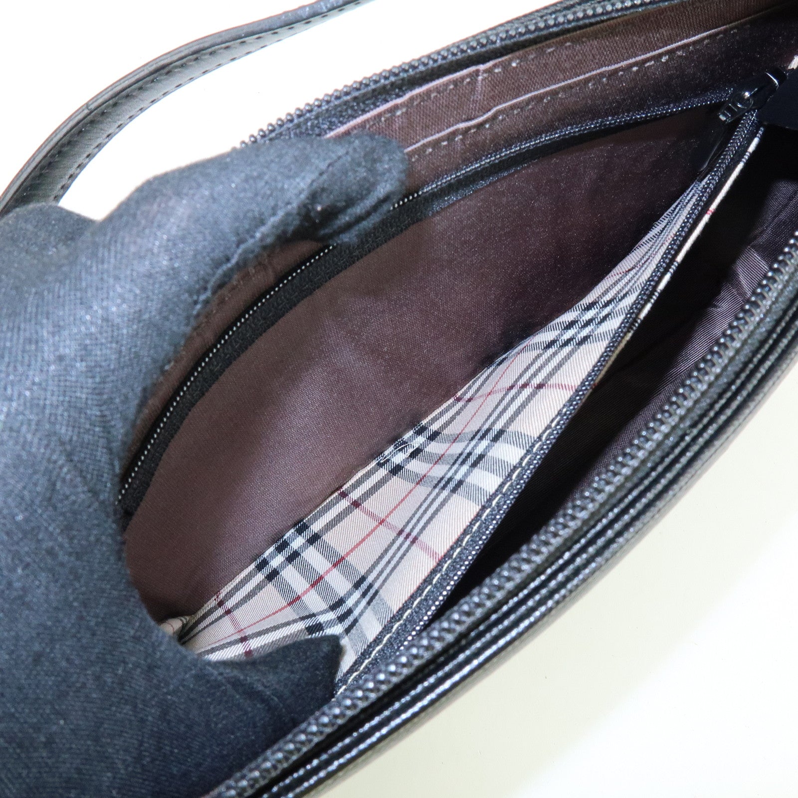 BURBERRY Leather Hand Bag Nova Plaid Black