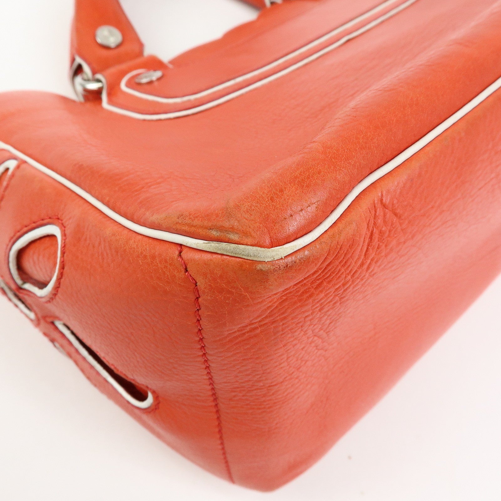 CELINE Scalloped Boogie Bag Leather Hand Bag Tote Bag Orange White