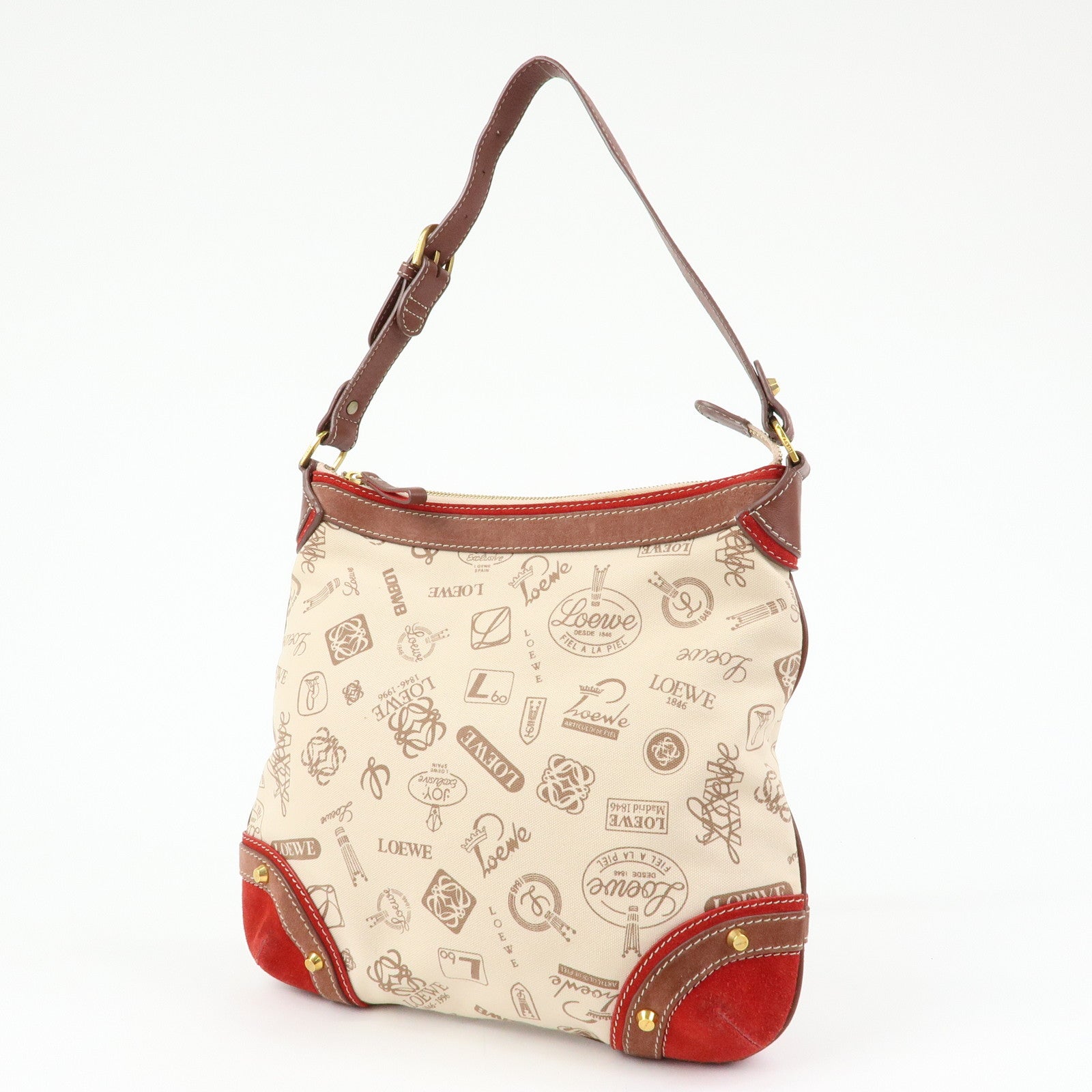 LOEWE Canvas Leather Suede Shoulder Bag Hand Bag Beige Red