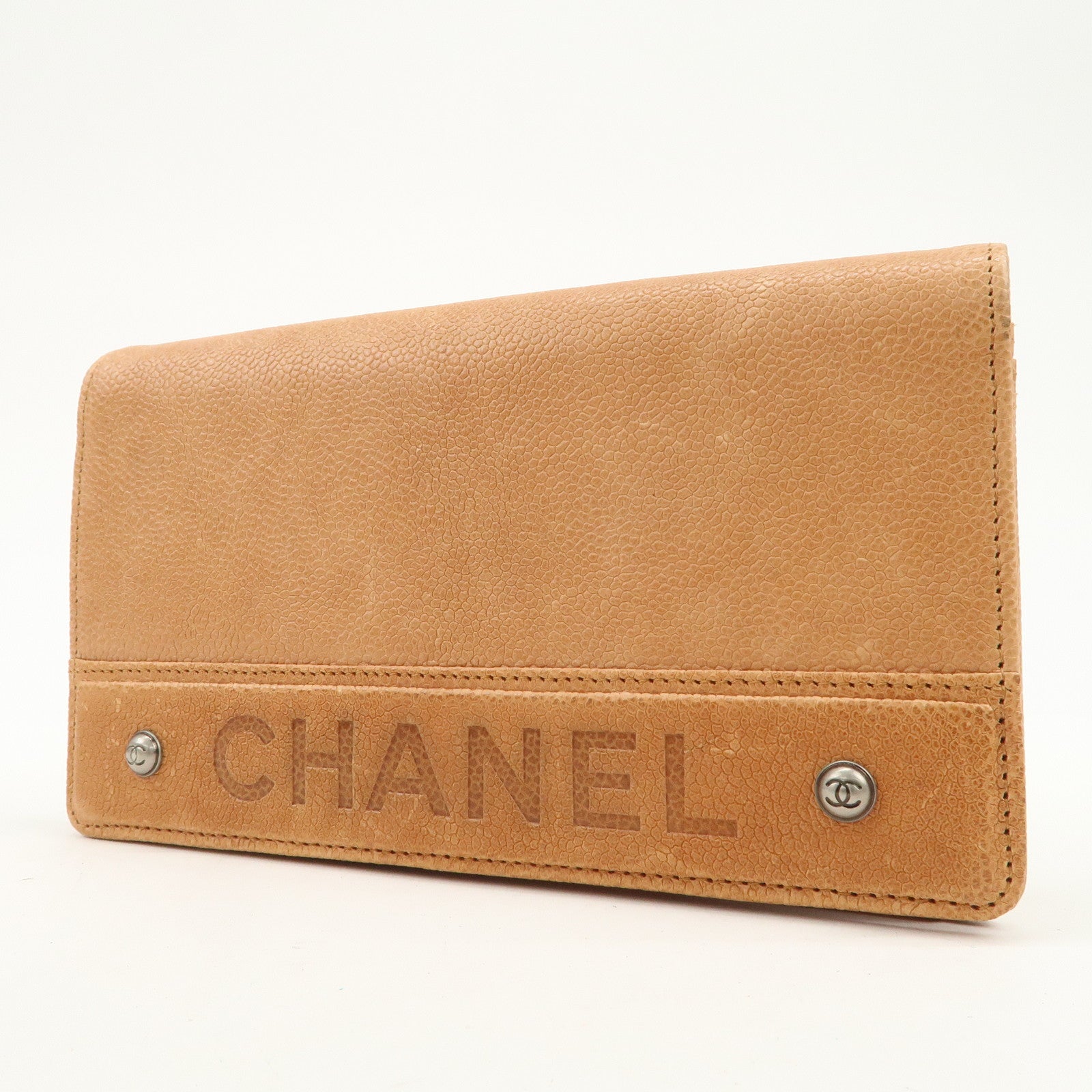 CHANEL Logo Caviarskin Flap Long Wallet Light Brown