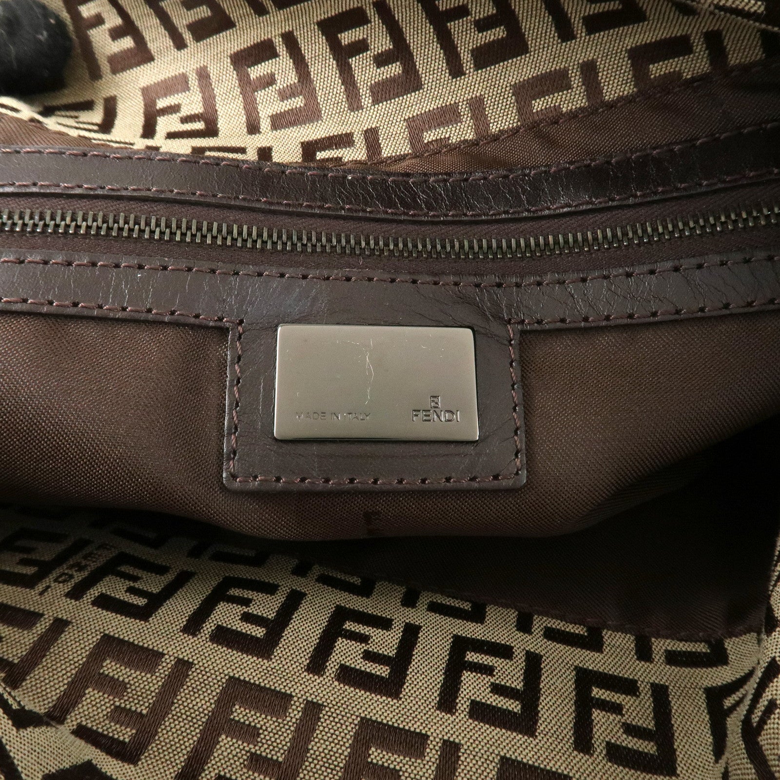 FENDI Mamma Baguette Zucchino Canvas Leather Hand Bag Brown 8BR003 Used