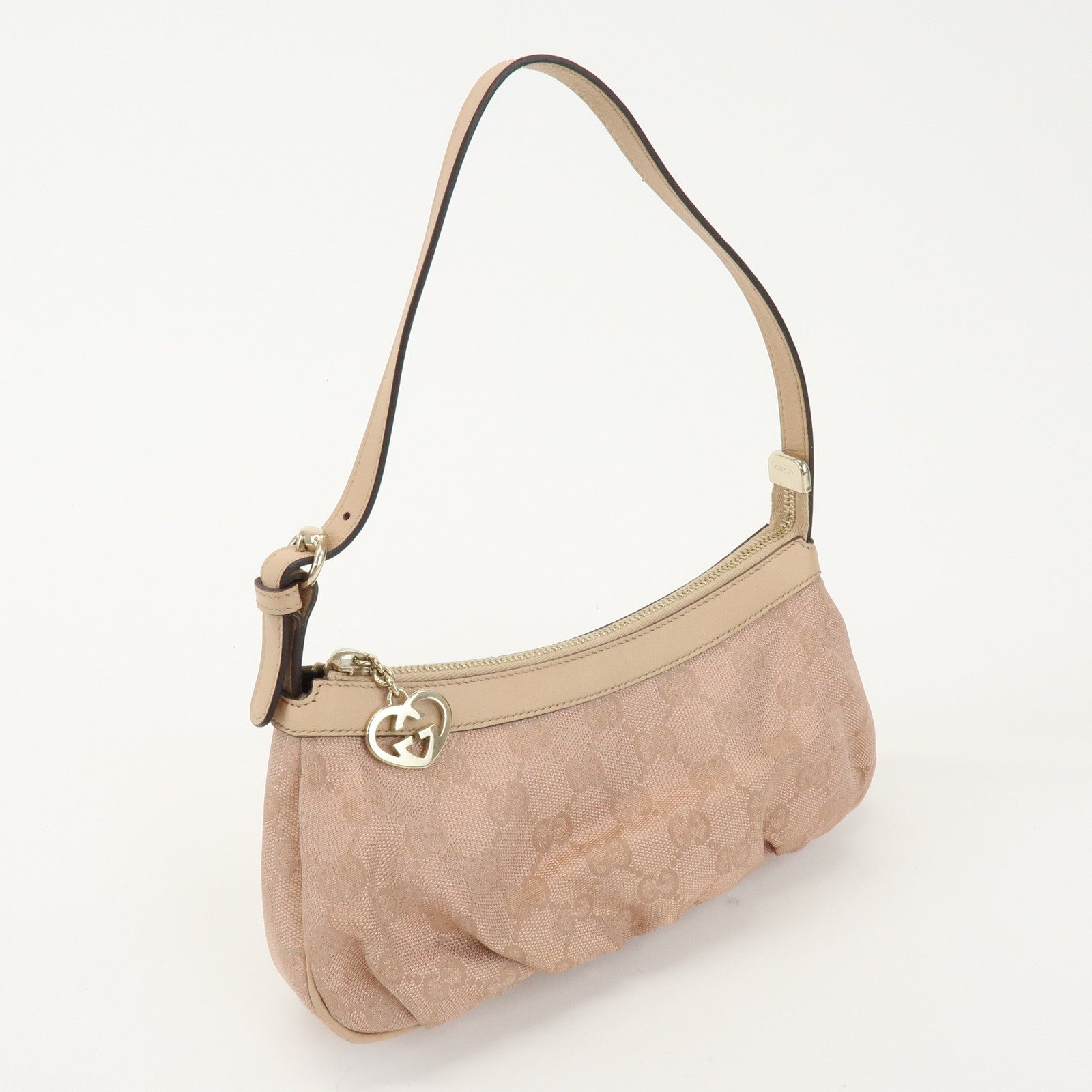 GUCCI Lovely Heart GG Canvas Leather Hand Bag Pink Beige 245938