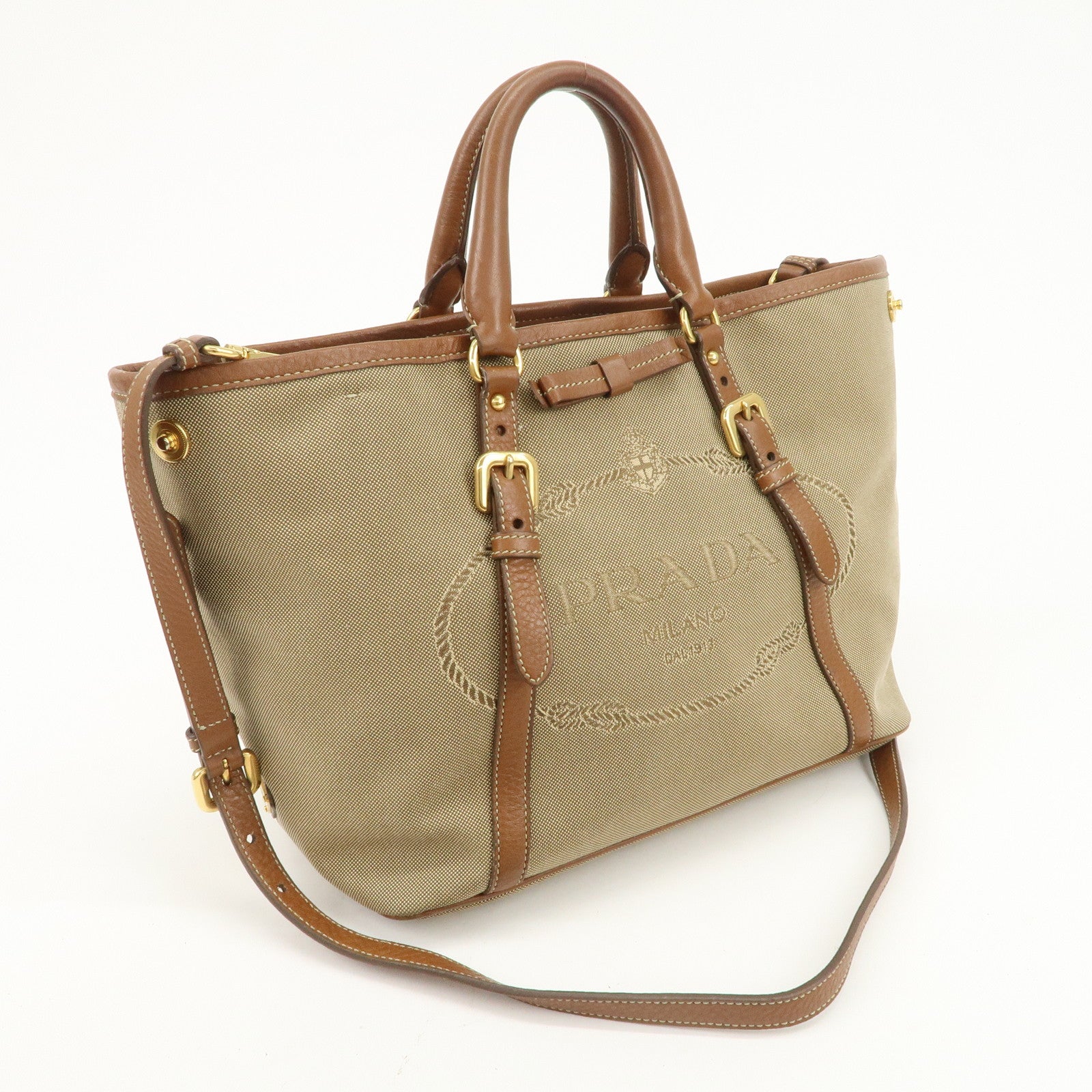 PRADA Logo Jacquard Leather Ribbon 2Way Tote Bag Brown BN1841