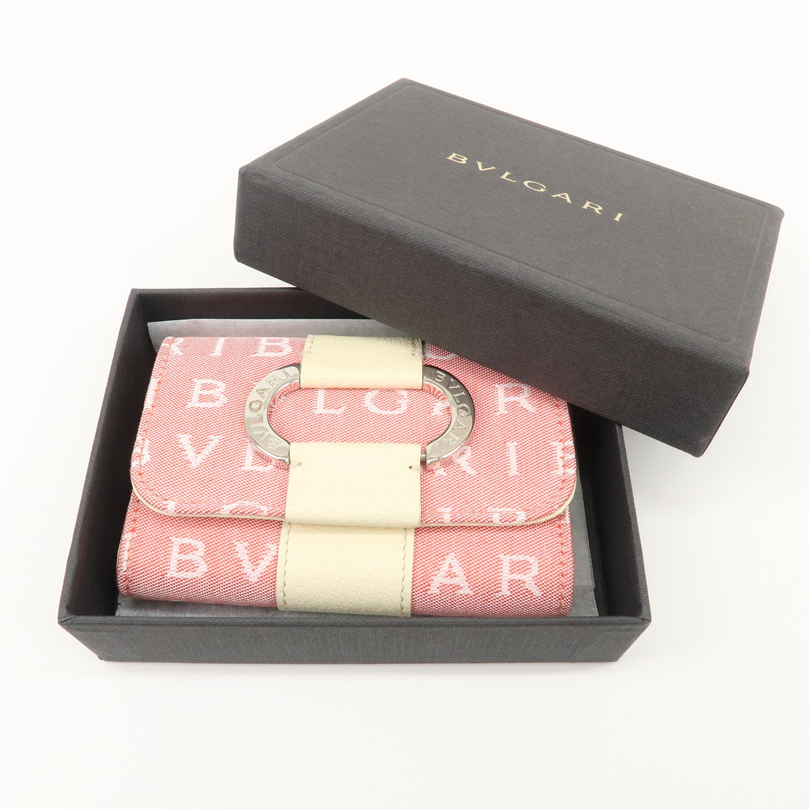 BVLGARI Logo Maniac Canvas Leather 6 Key Case Coin Case Pink White Used
