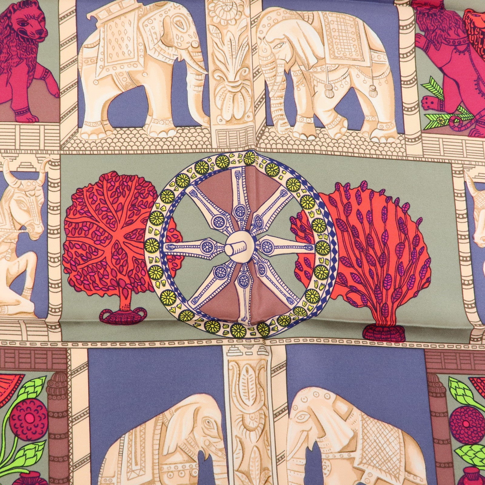 HERMES Carre 90 Silk 100% Scarf TORANA Red Purple Green