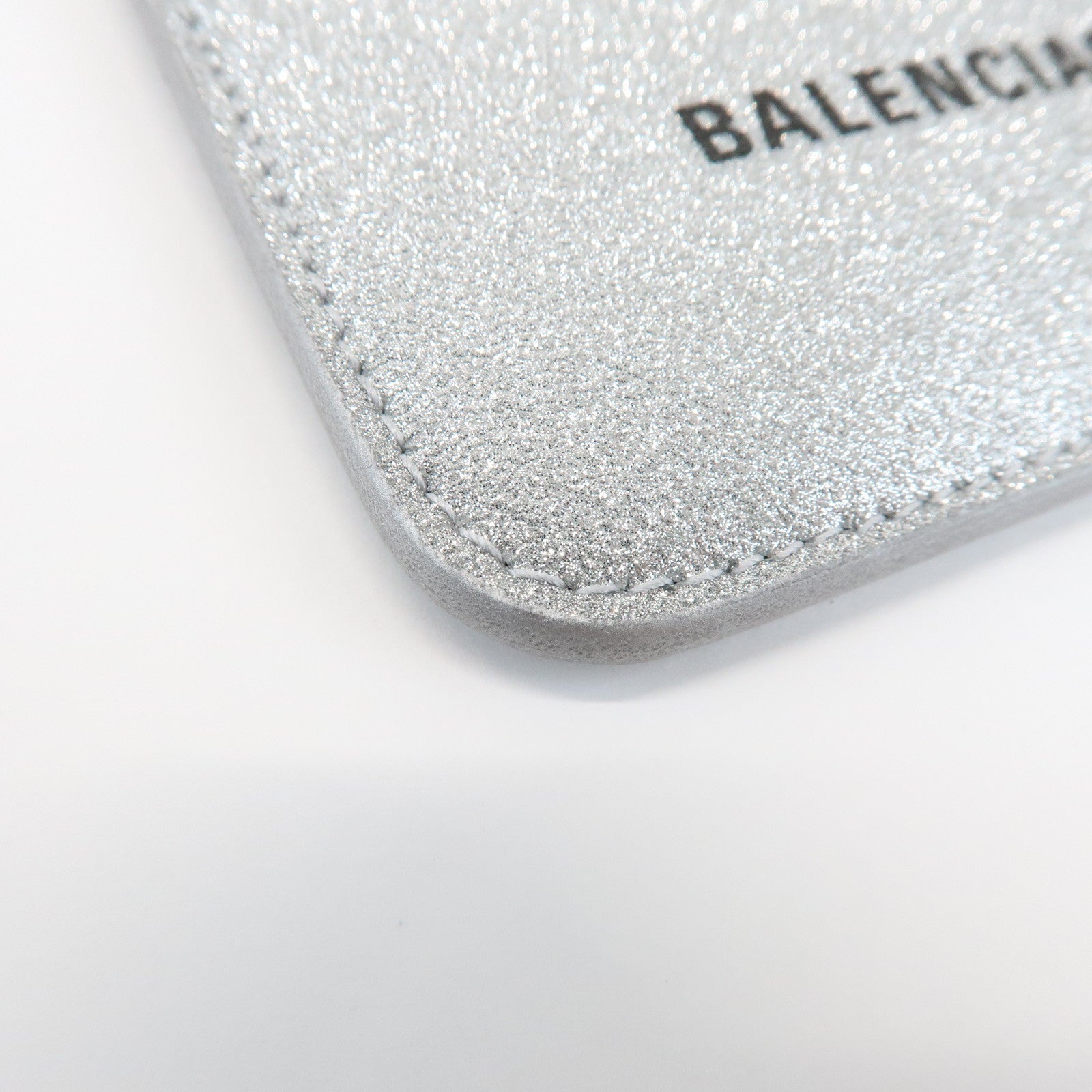 BALENCIAGA Logo Leather Card Case Card Holder Silver