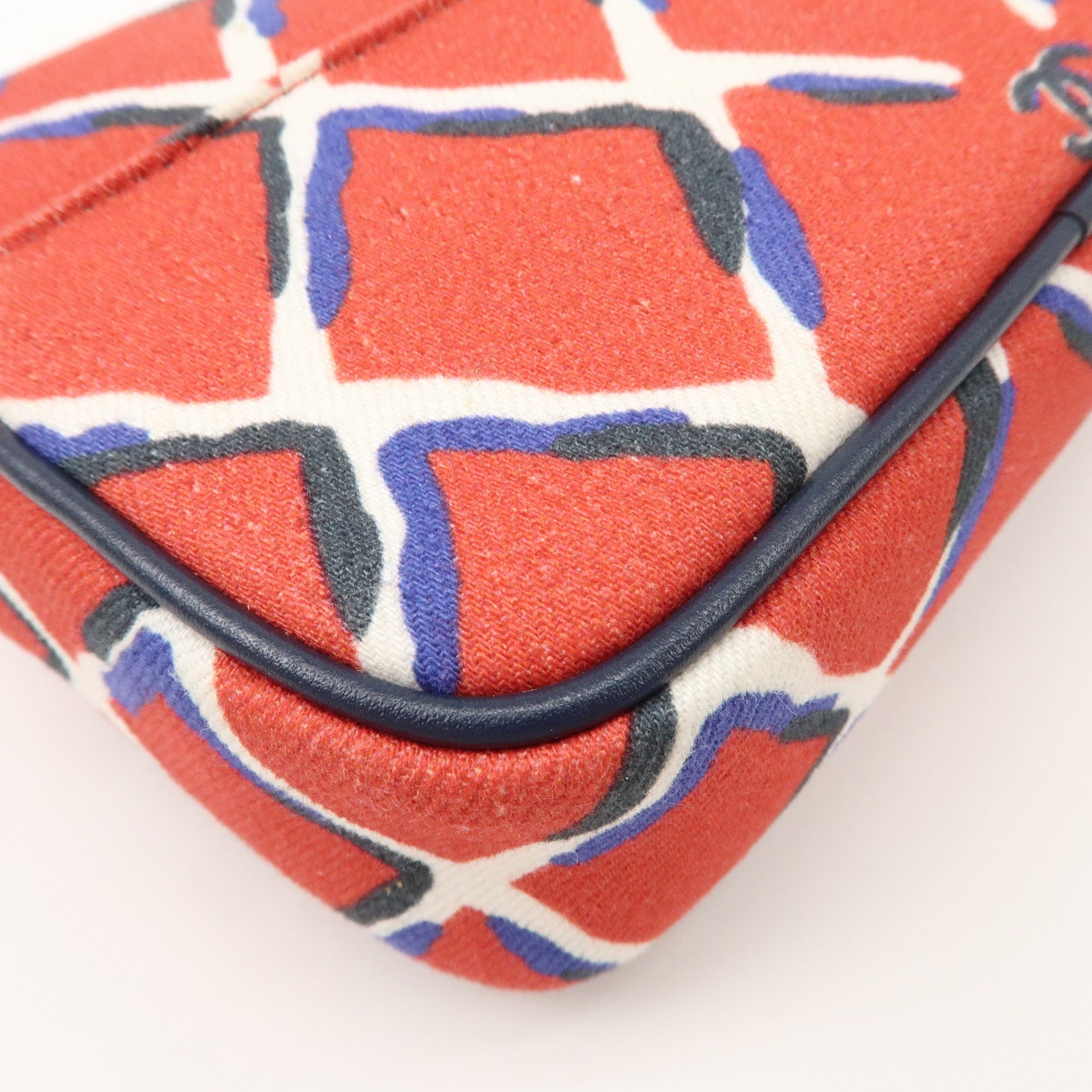 CHANEL COCO Mark COCO Beach Canvas Pouch Red Navy Silver HDW Used