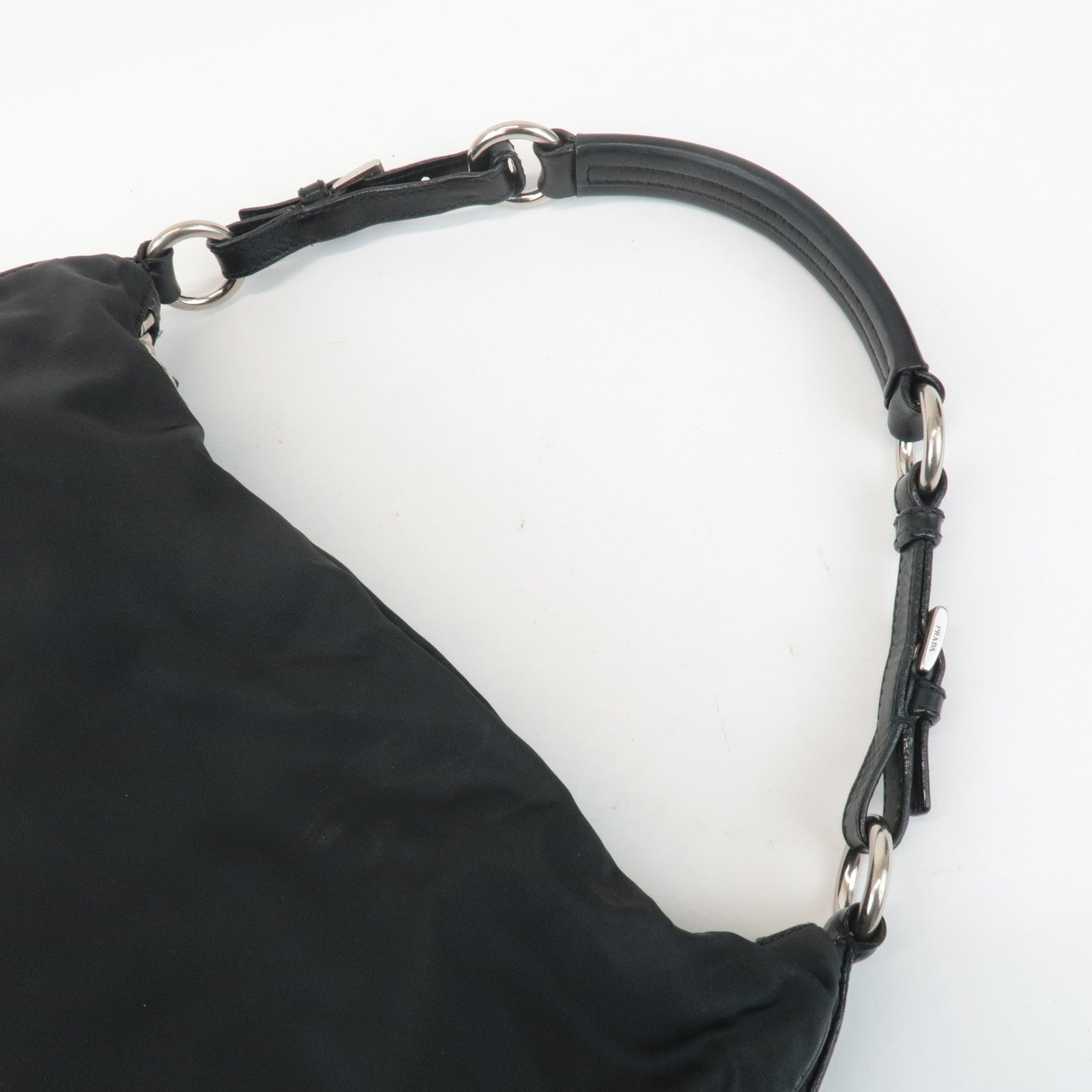 PRADA Triangle Logo Leather Nylon Shoulder Bag Black