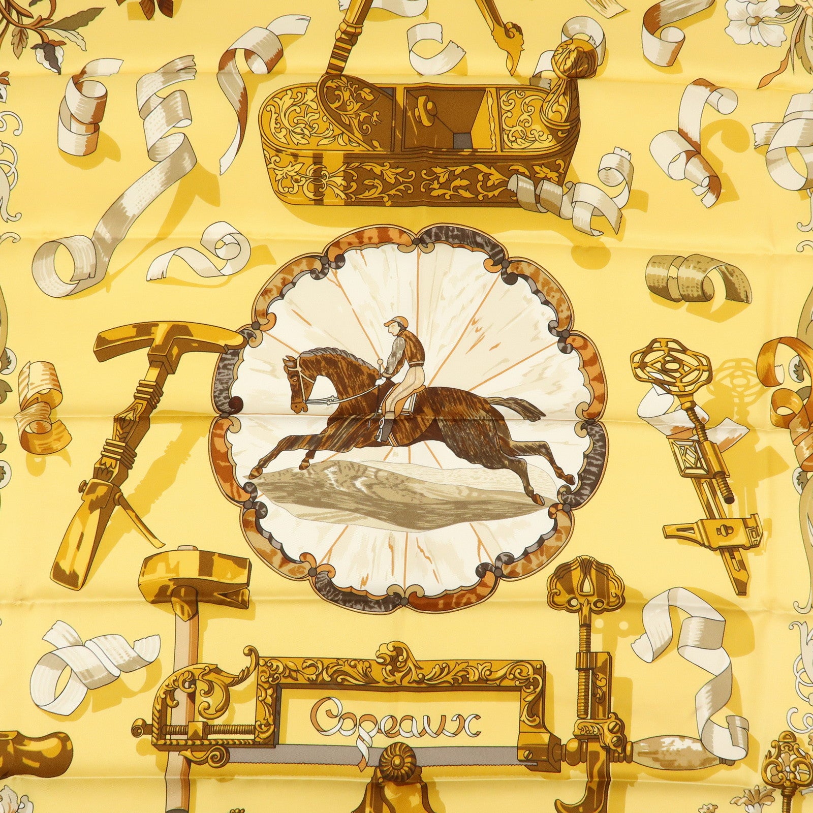 HERMES Carre 90 Silk 100% Scarf Copeaux Gold Yellow Moss Green