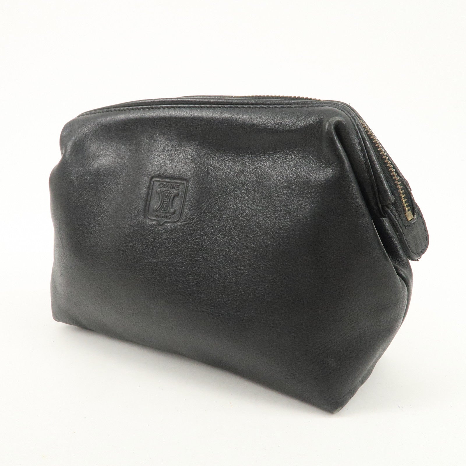 CELINE Logo Leather Pouch Cosmetic Pouch Black Used