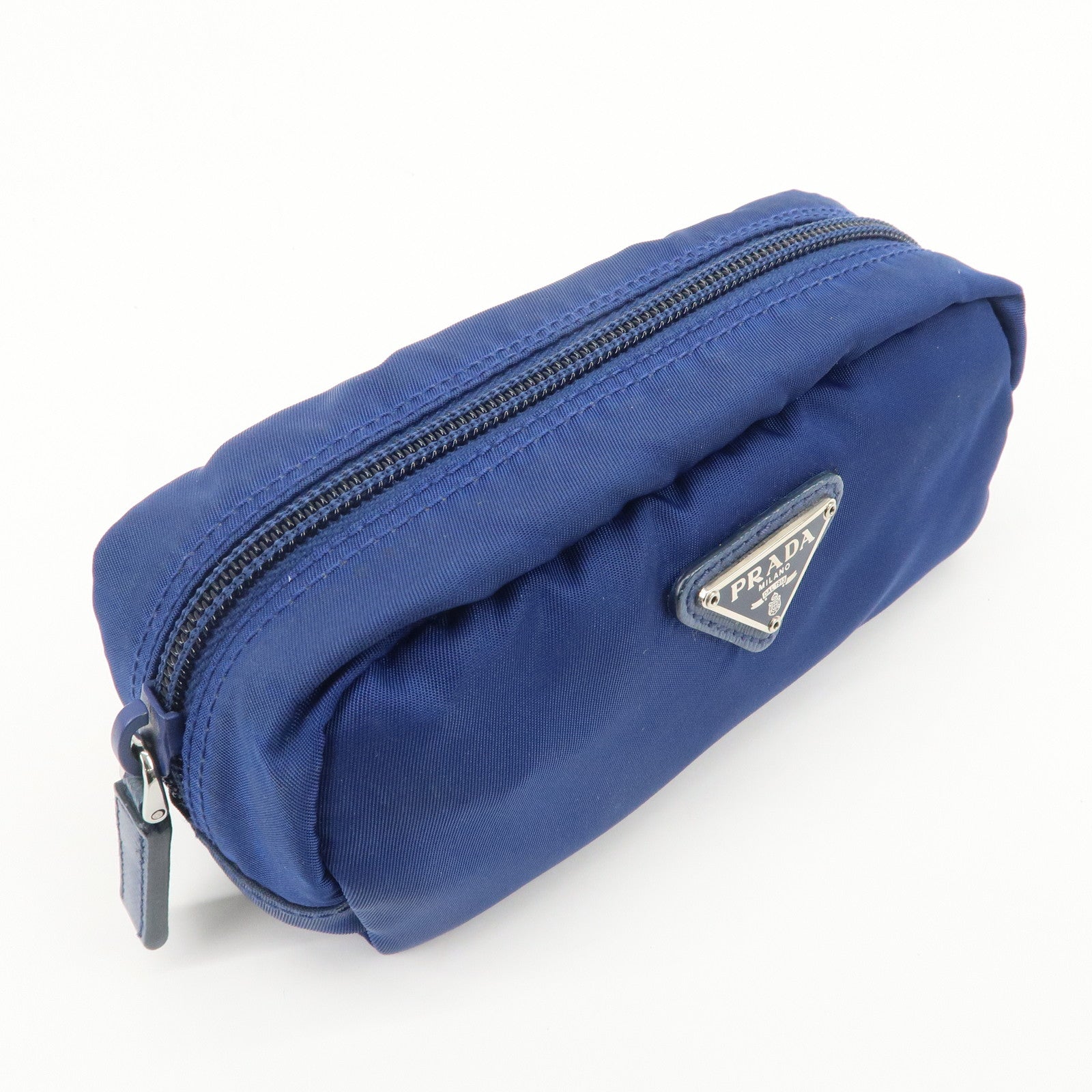 PRADA Triangle Logo Nylon Leather Cosmetic Pouch Blue 1N0175