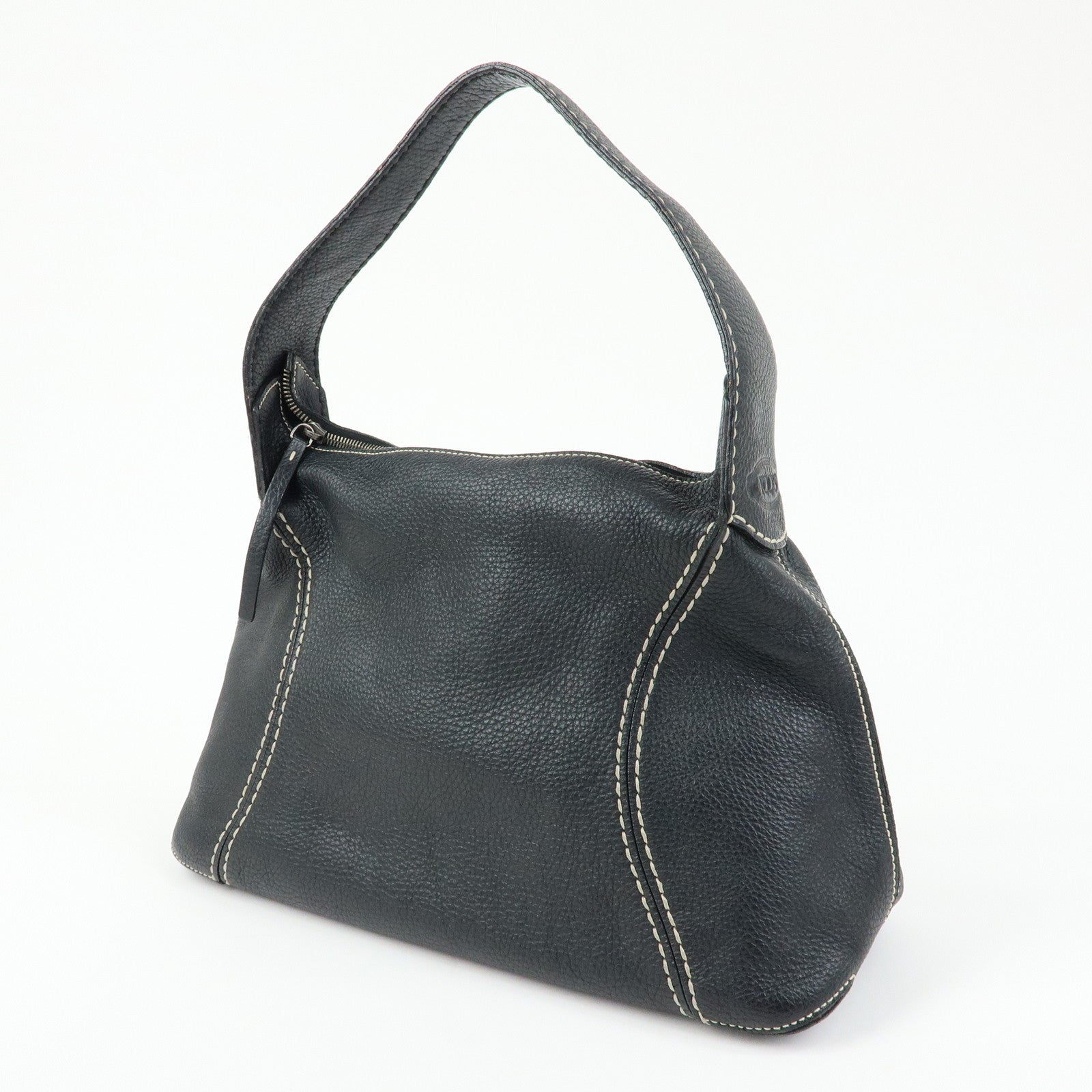 TOD'S Logo Stitches Leather Shoulder Bag Hand Bag Black