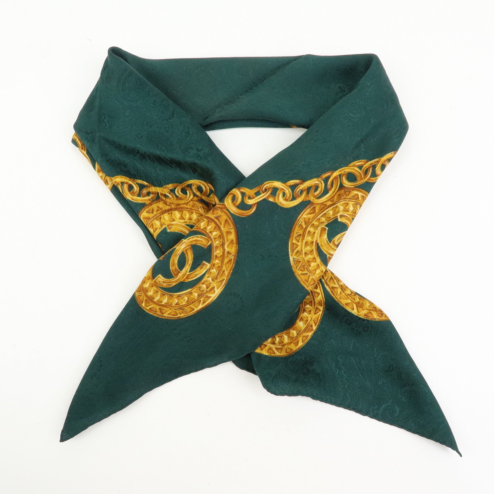 CHANEL COCO Mark Silk 100% Scarf Green Gold