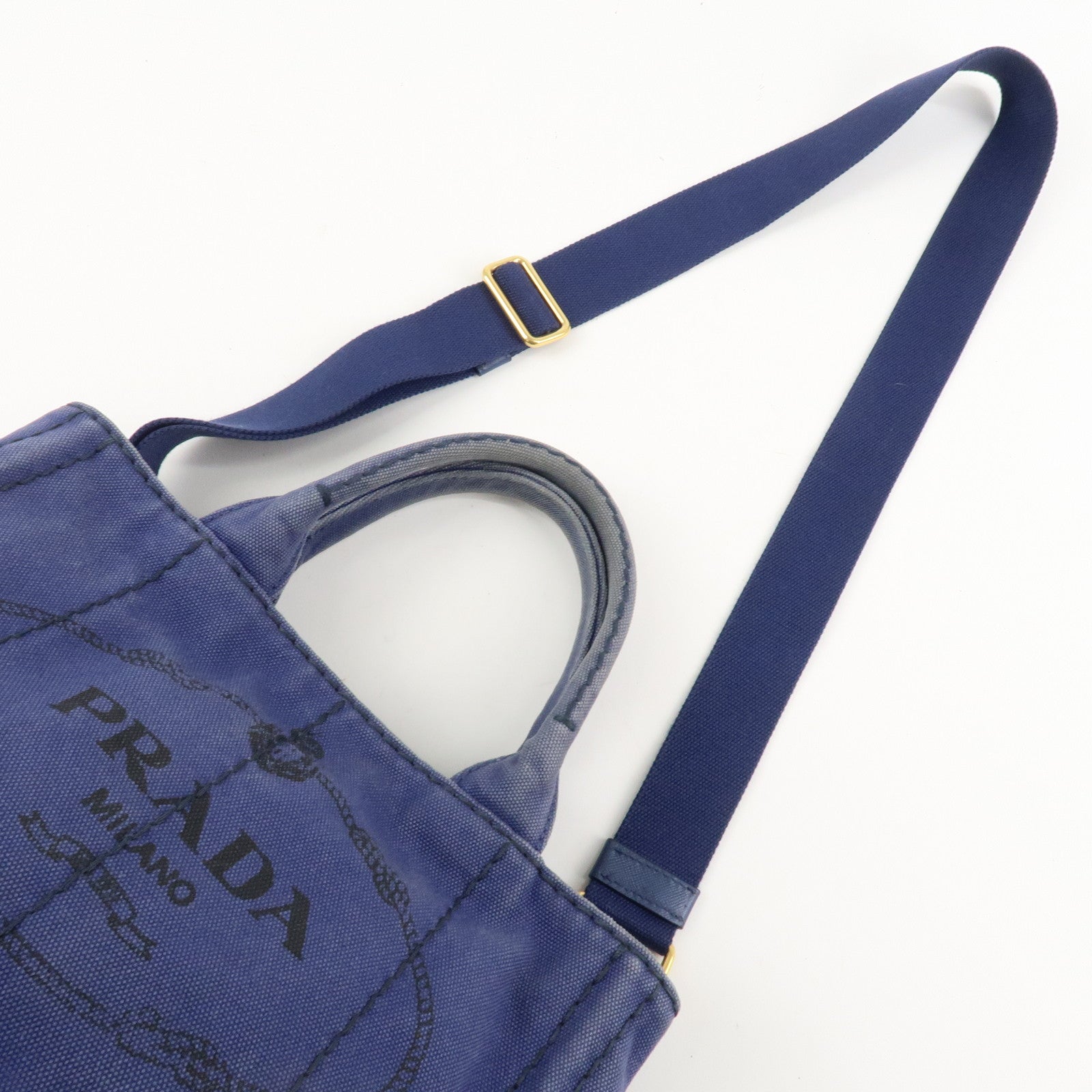 PRADA Logo Canapa Canvas 2Way Tote Bag Hand Bag Navy B2642B Used