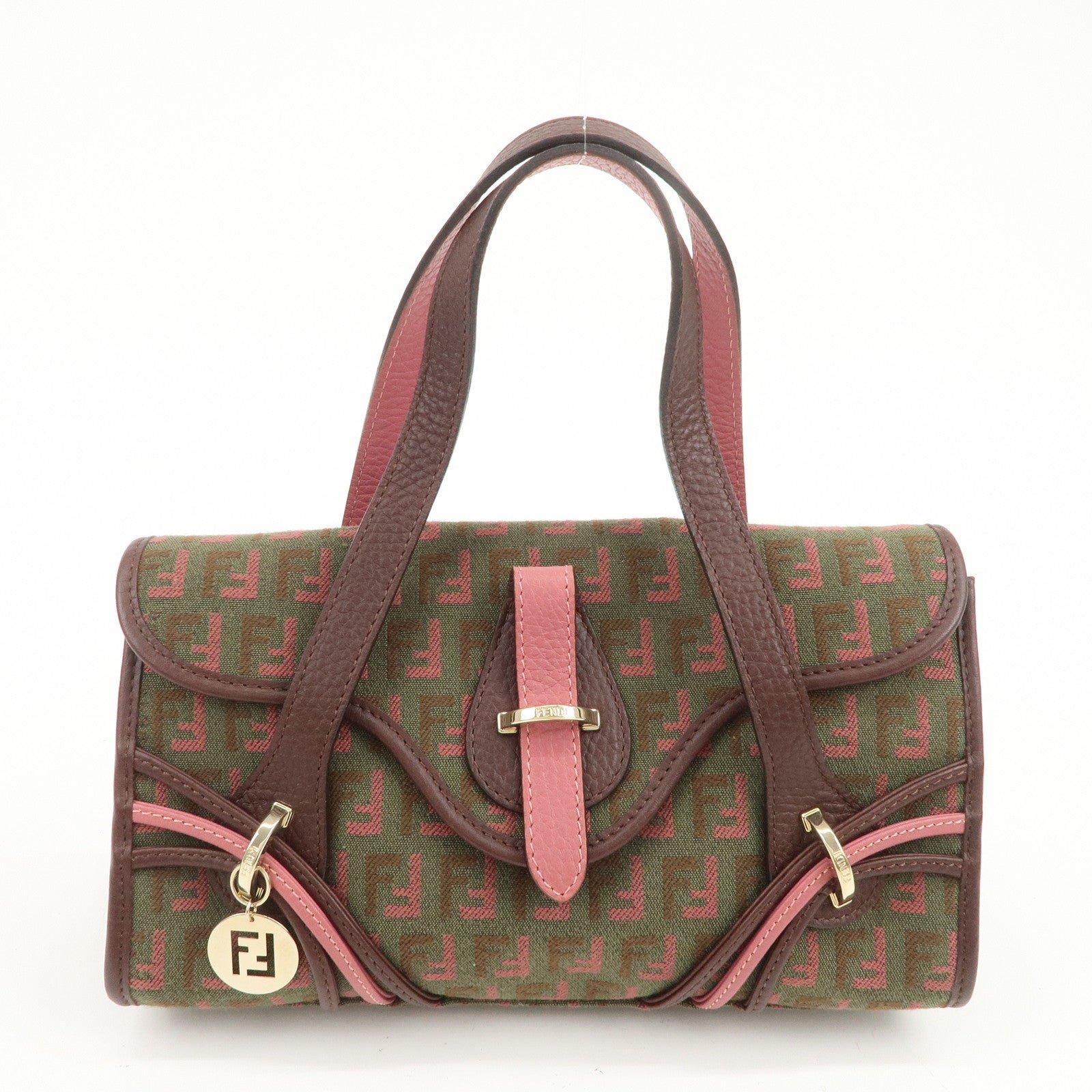 FENDI Zucchino Logo Canvas Leather Hand Bag Brown Pink 8BN147