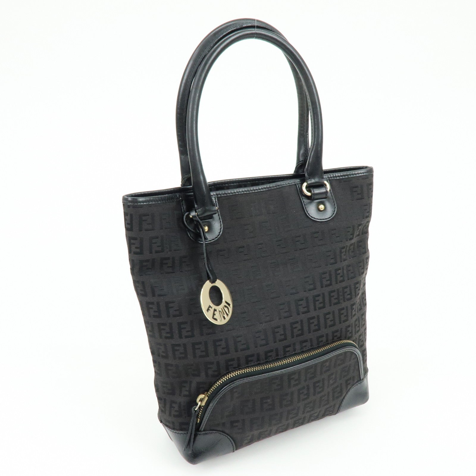 Fendi Zucchino Canvas Leather Hand Bag Tote Bag Black Brown 8BH139