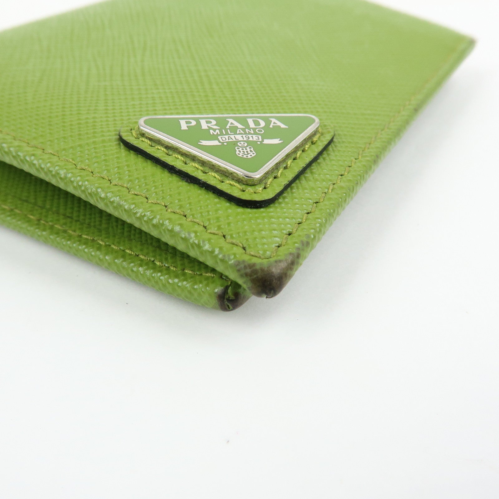 PRADA Triangle Logo Saffiano Leather Compact Wallet Light Green