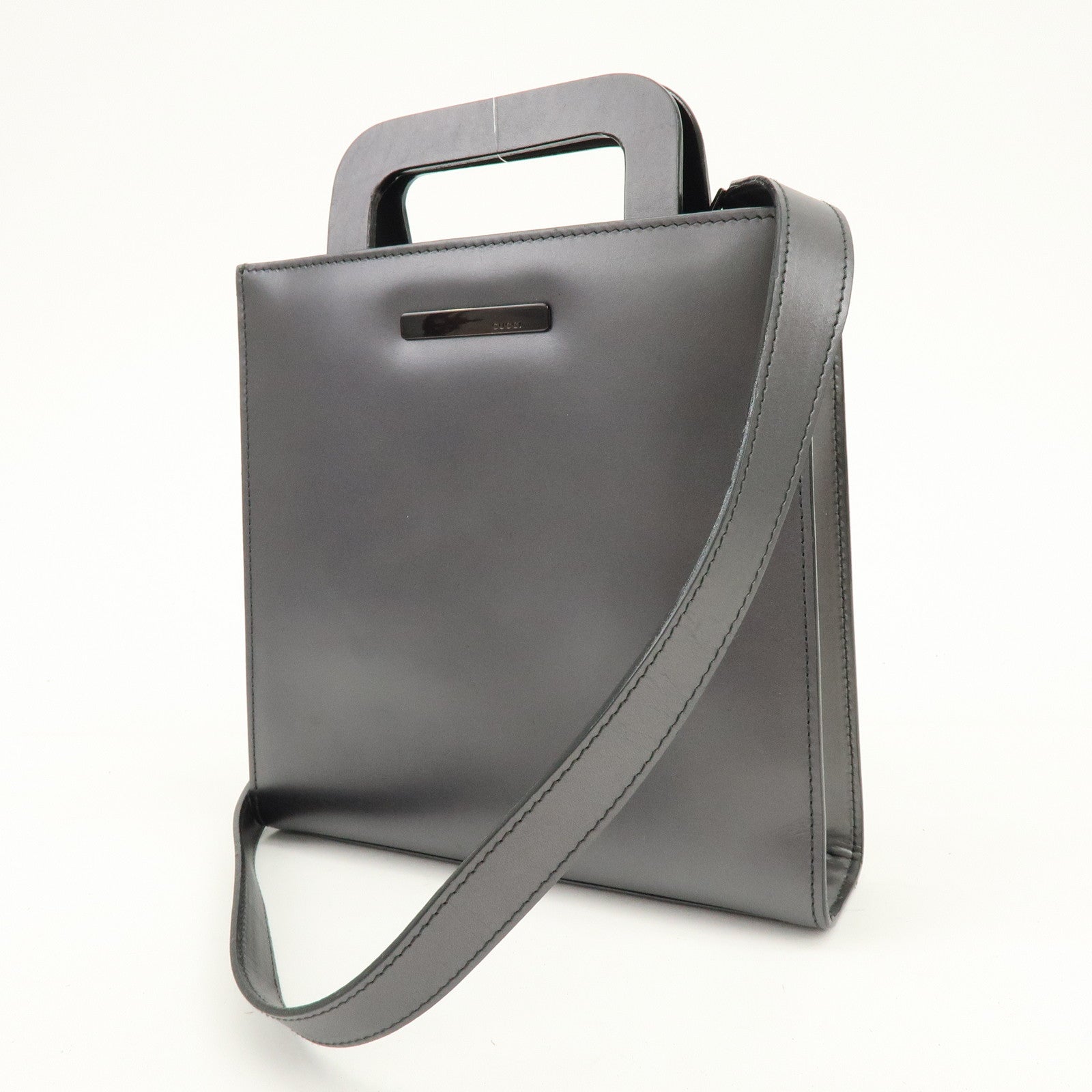 GUCCI Leather 2Way Bag Hand Shoulder Bag Silver Gray 001・1434・1855