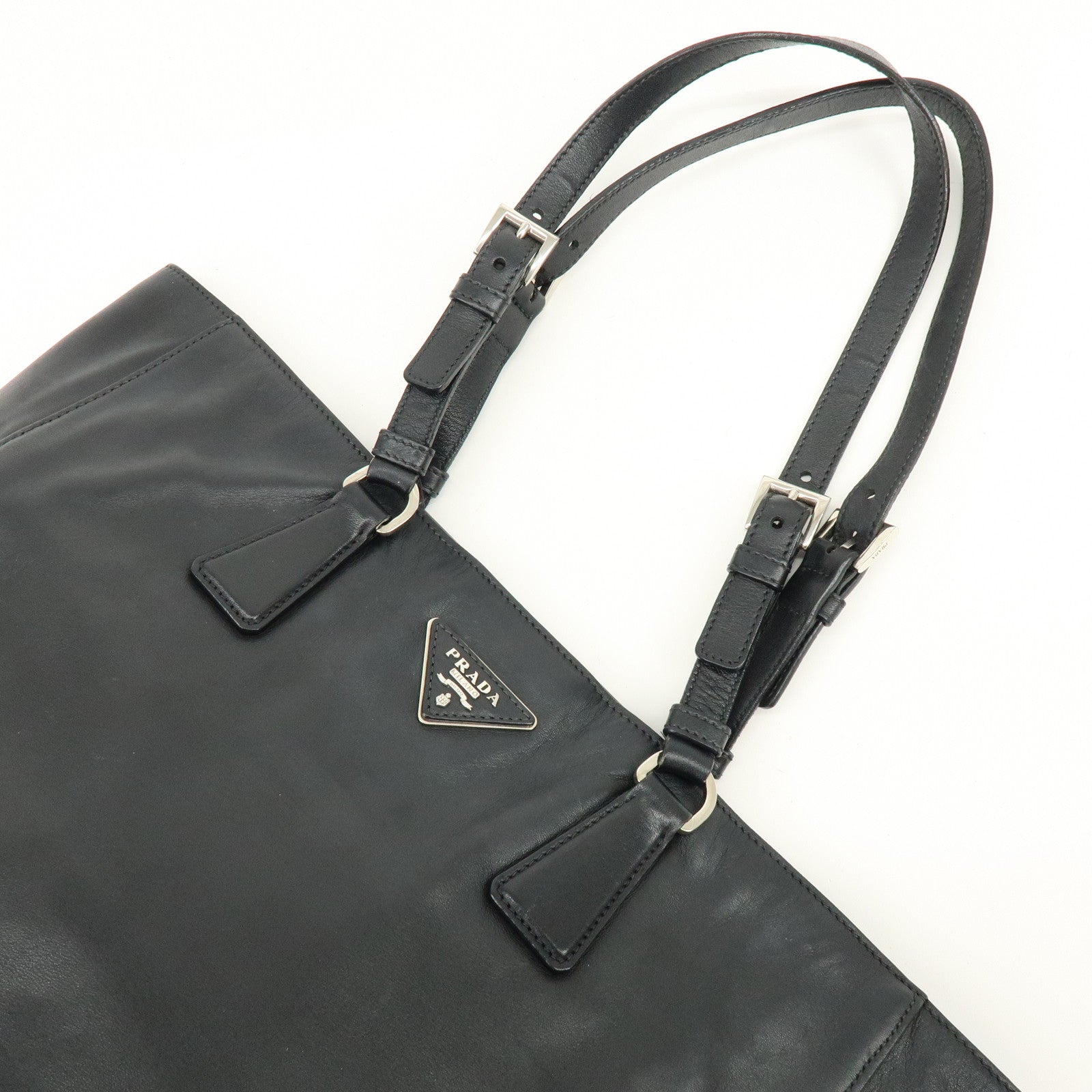 PRADA Triangle Logo Leather Tote Bag Shoulder Bag Black BR5033