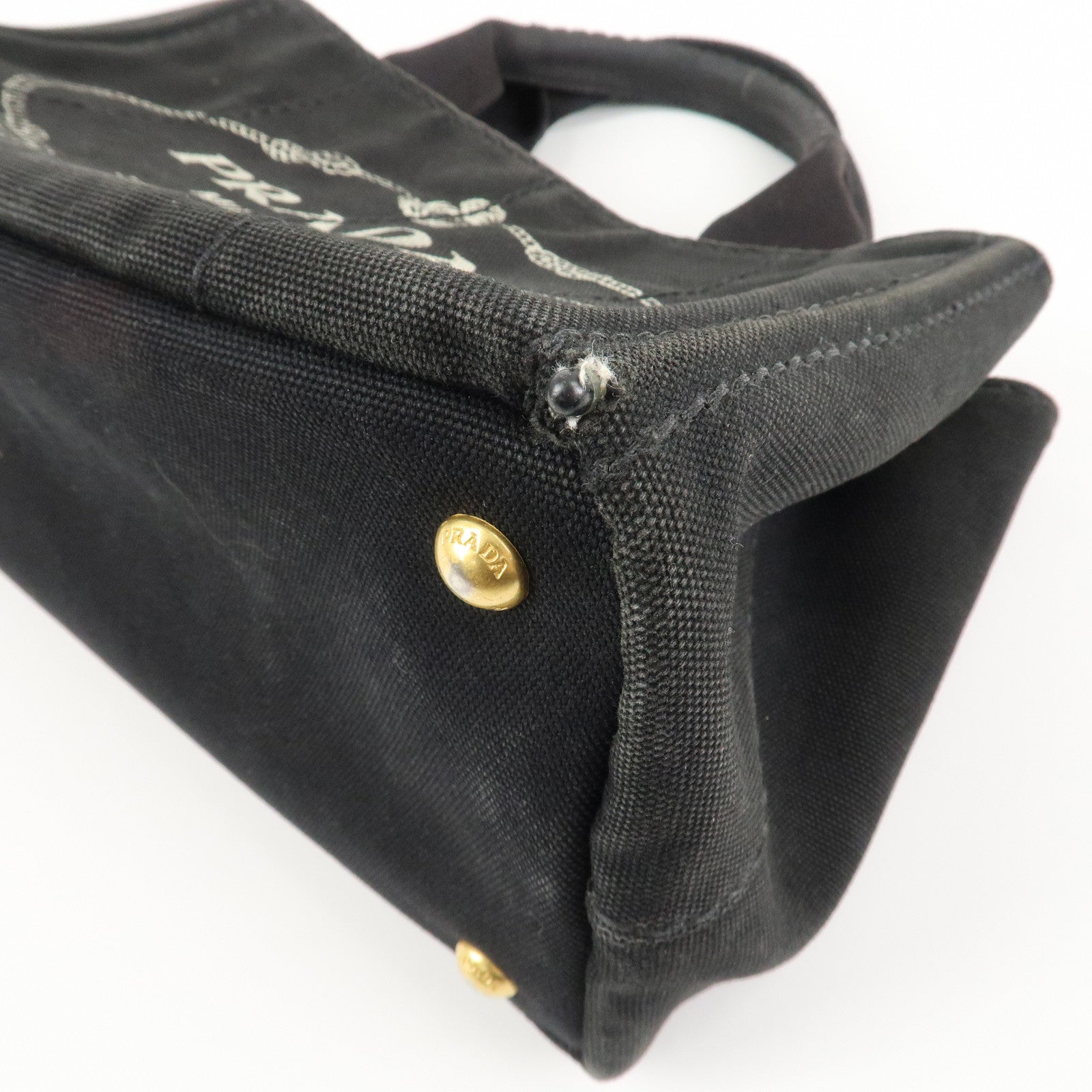 PRADA Logo Canapa Mini Canvas Tote Bag Hand Bag Black BN2439 Used