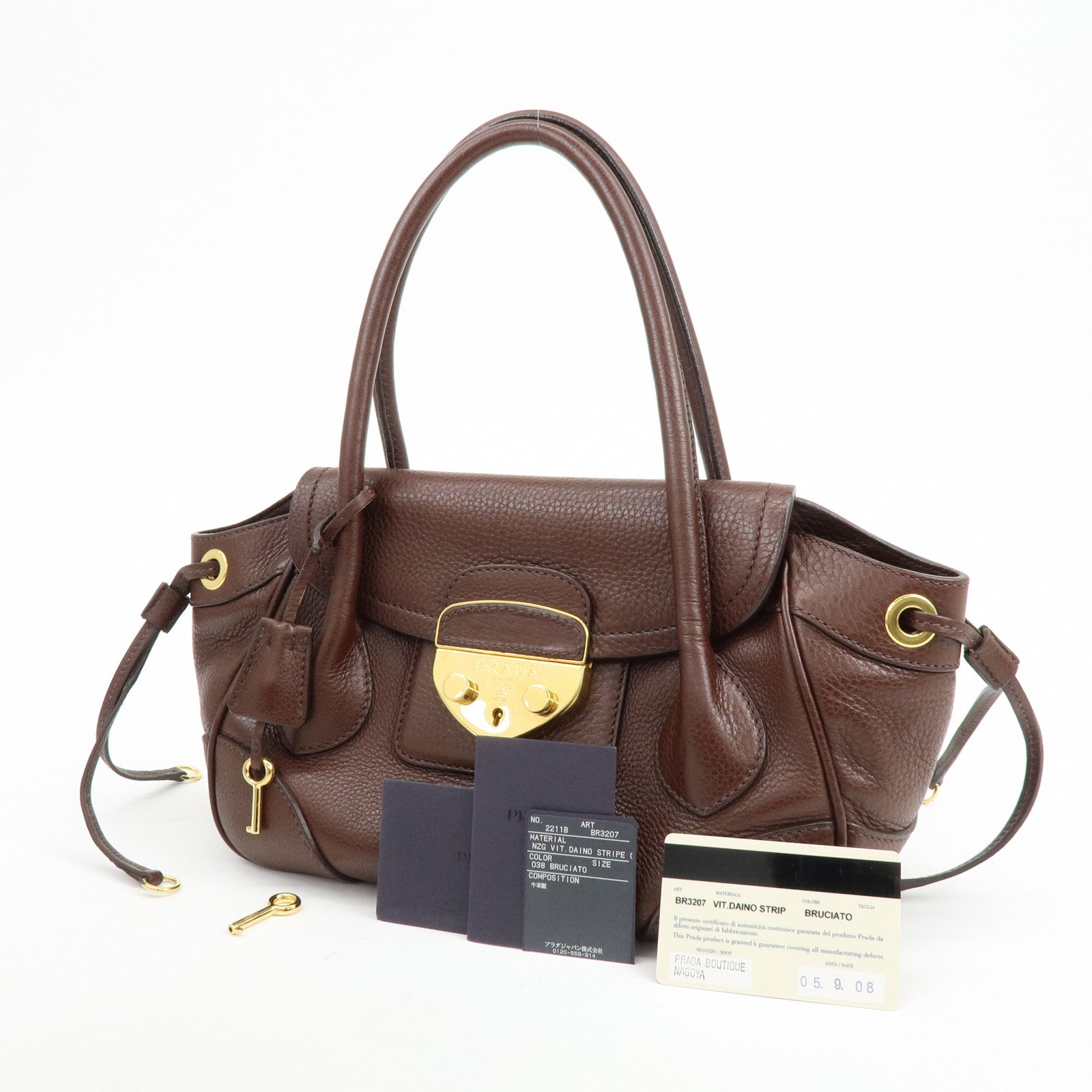 PRADA Vitello Daino Leather Hand Bag Shoulder Bag Brown BR3207