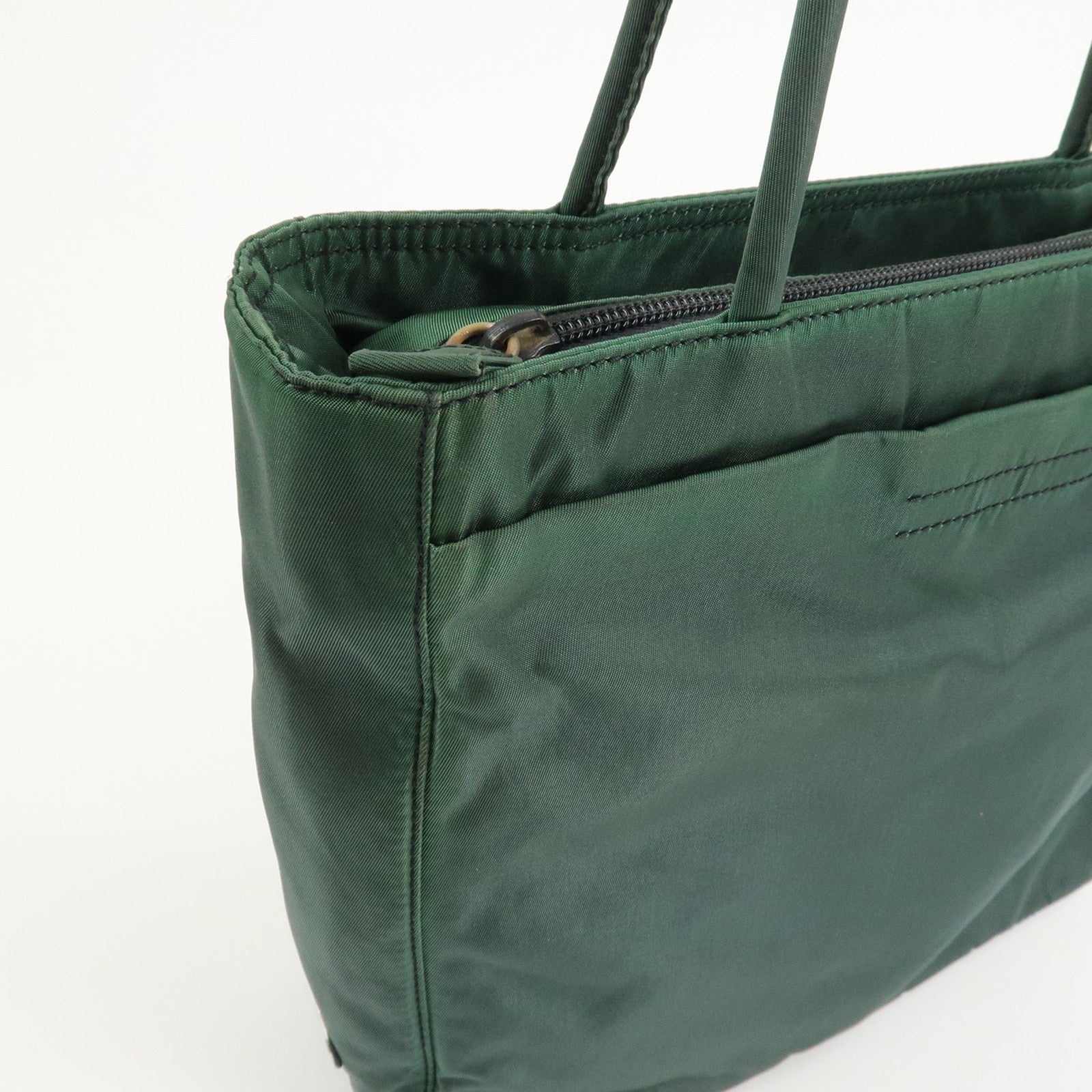 PRADA Triangle Logo Nylon Leather Tote Bag Green