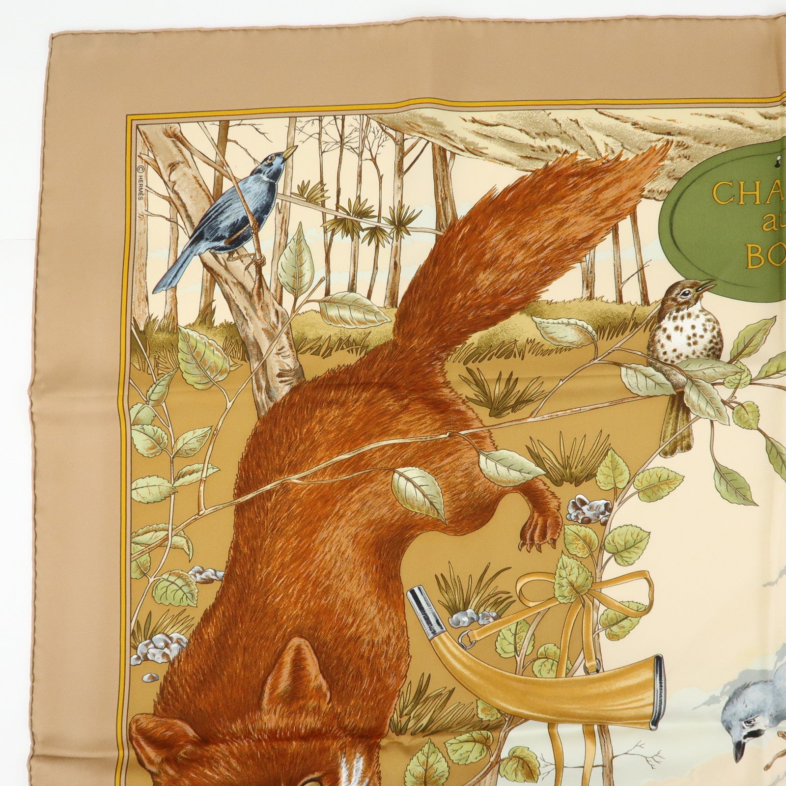 HERMES Carre 90 Silk 100% Scarf CHASSE au BOIS Brown