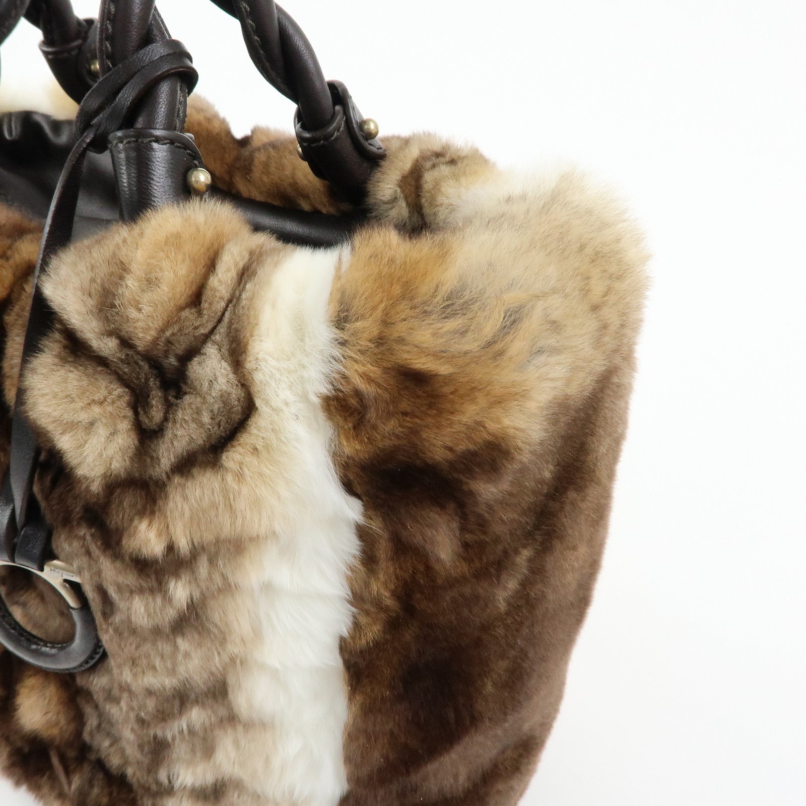 Ferragamo Gancini Rabbit Fur Leather Hand Bag Tote Bag Brown