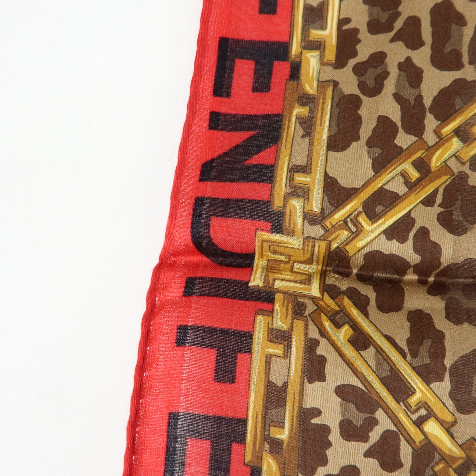 FENDI Cotton Scarf 57x57 Leopard Chain Motif Brown Red