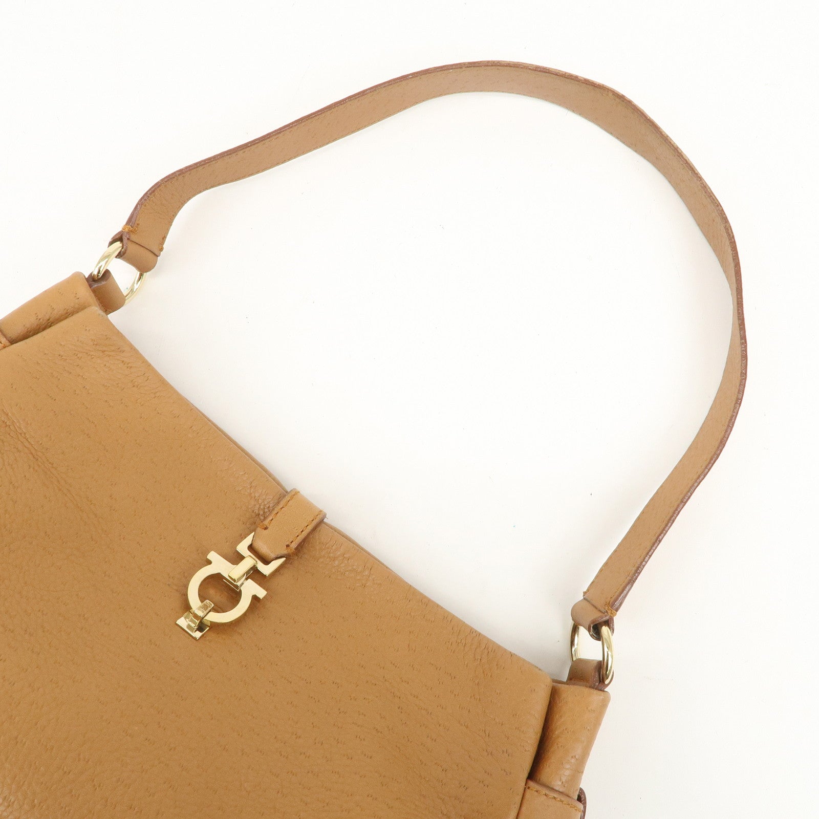 Ferragamo Gancini Leather Shoulder Bag Hand Bag Brown Gold