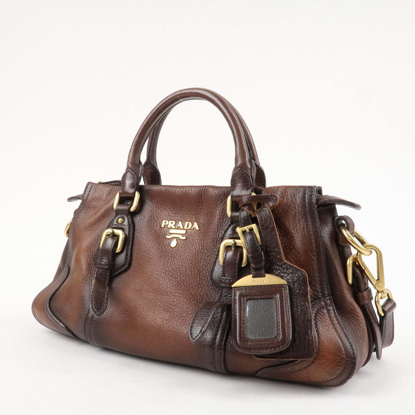 PRADA Logo Leather 2WAY Tote Bag Hand Bag Brown Gold Hardware Used