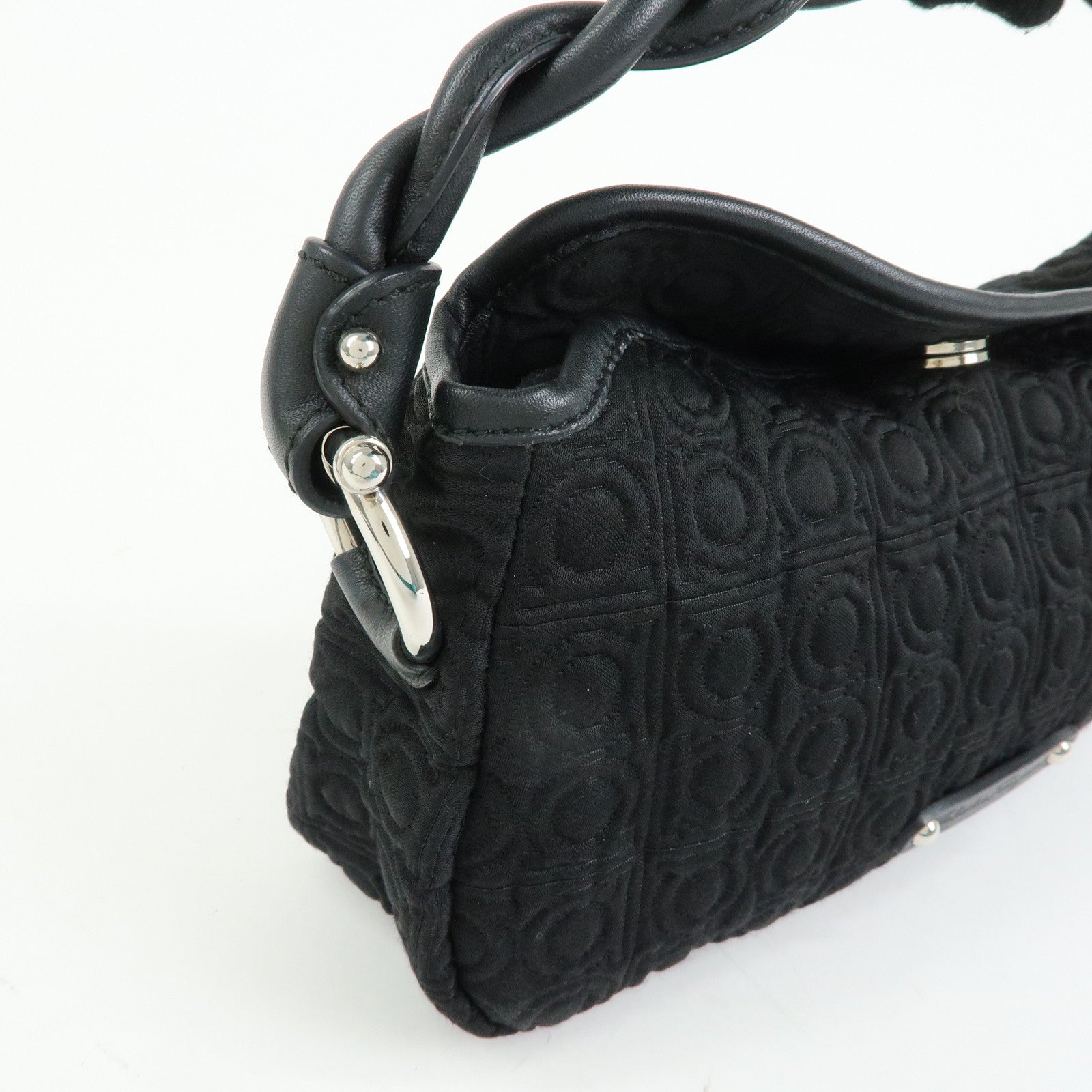 Ferragamo Gancini Canvas Leather Mini Hand Bag Black