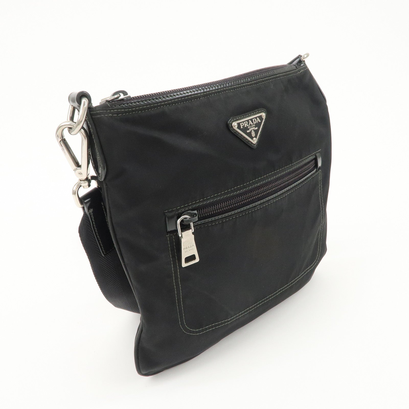 PRADA Triangle Logo Nylon Patent Leather Shoulder Bag Black Used