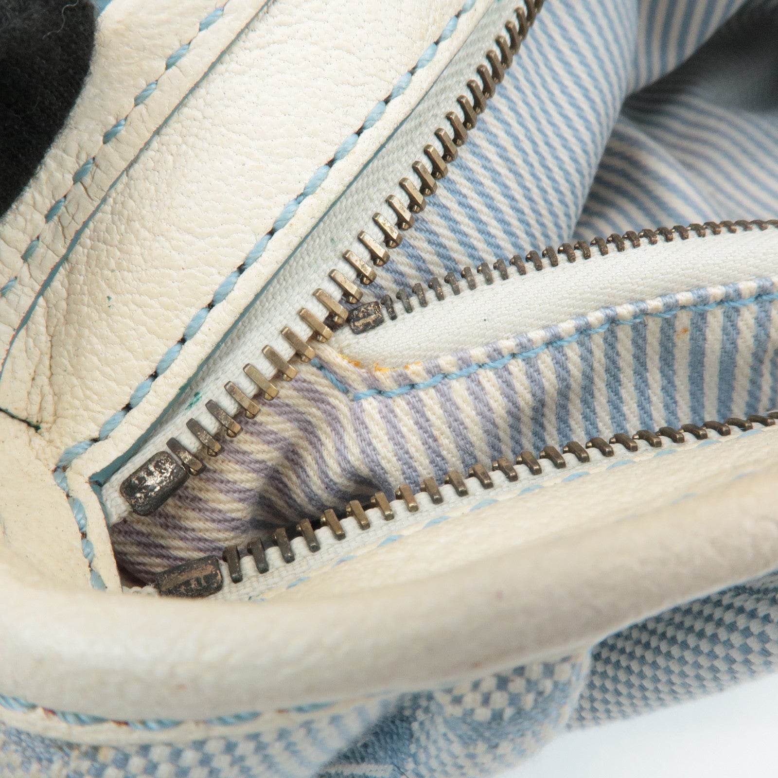 CELINE Canvas Leather Shoulder Bag Hand Bag Blue Ivory Used