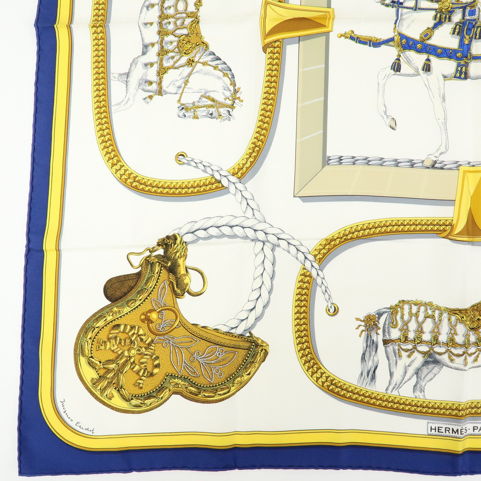 HERMES Carre 90 Silk 100% Scarf GRAND APPARAT White Yellow Navy