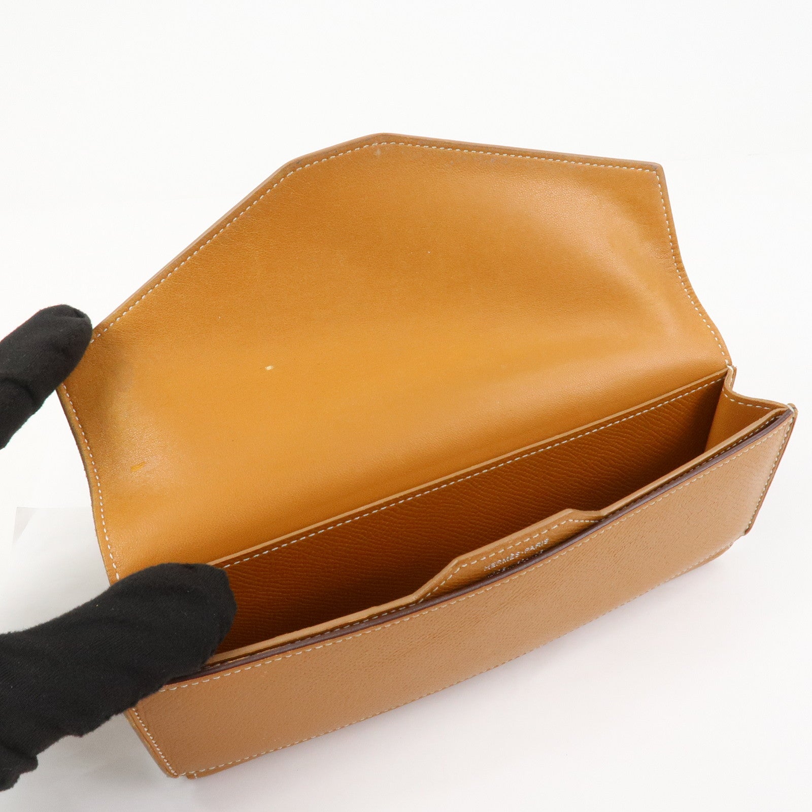 HERMES Logo Leather Passant X Stamped Flap Long Wallet Brown