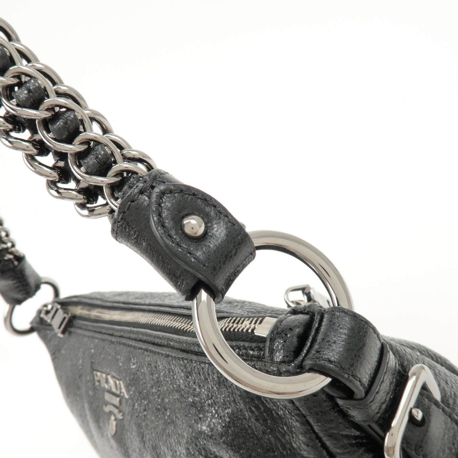 PRADA Logo Leather Chain Shoulder Bag Hand Bag Black BR4370 Used
