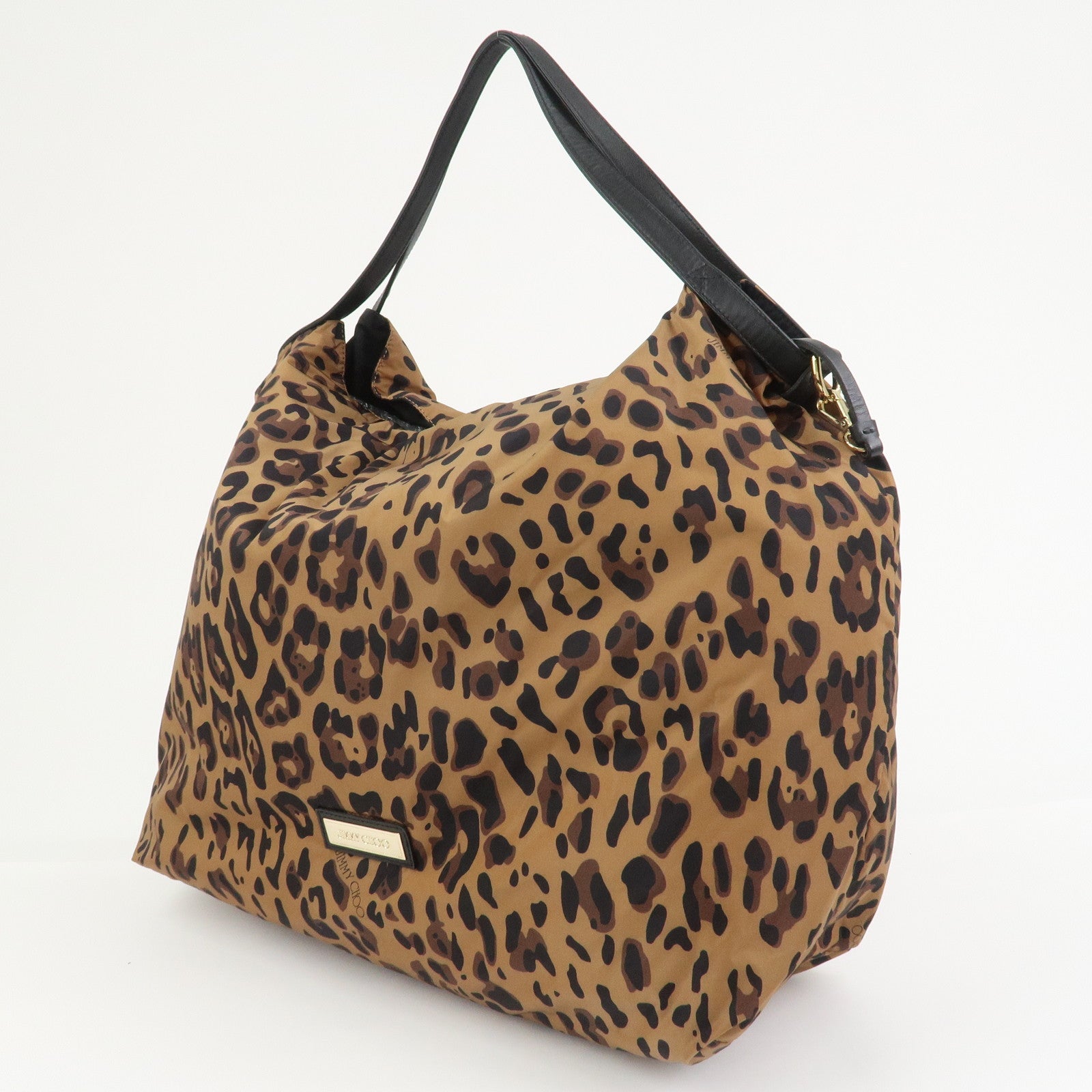 JIMMY CHOO Nylon Tote Bag Shoulder Bag Leopard Brown Black