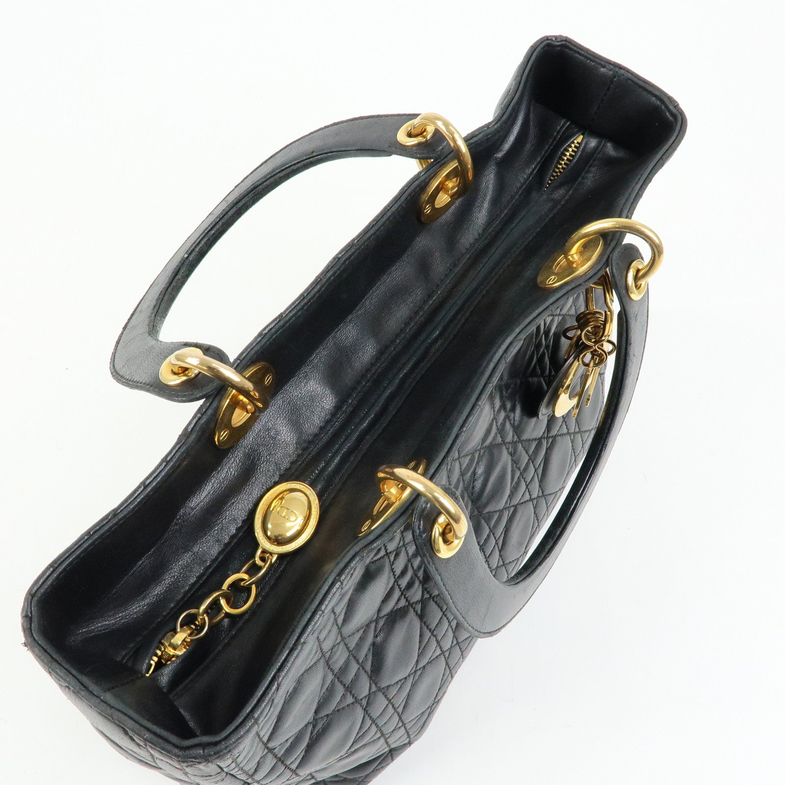 Christian Dior Canage Lady Dior Lamb Skin Hand Bag Black