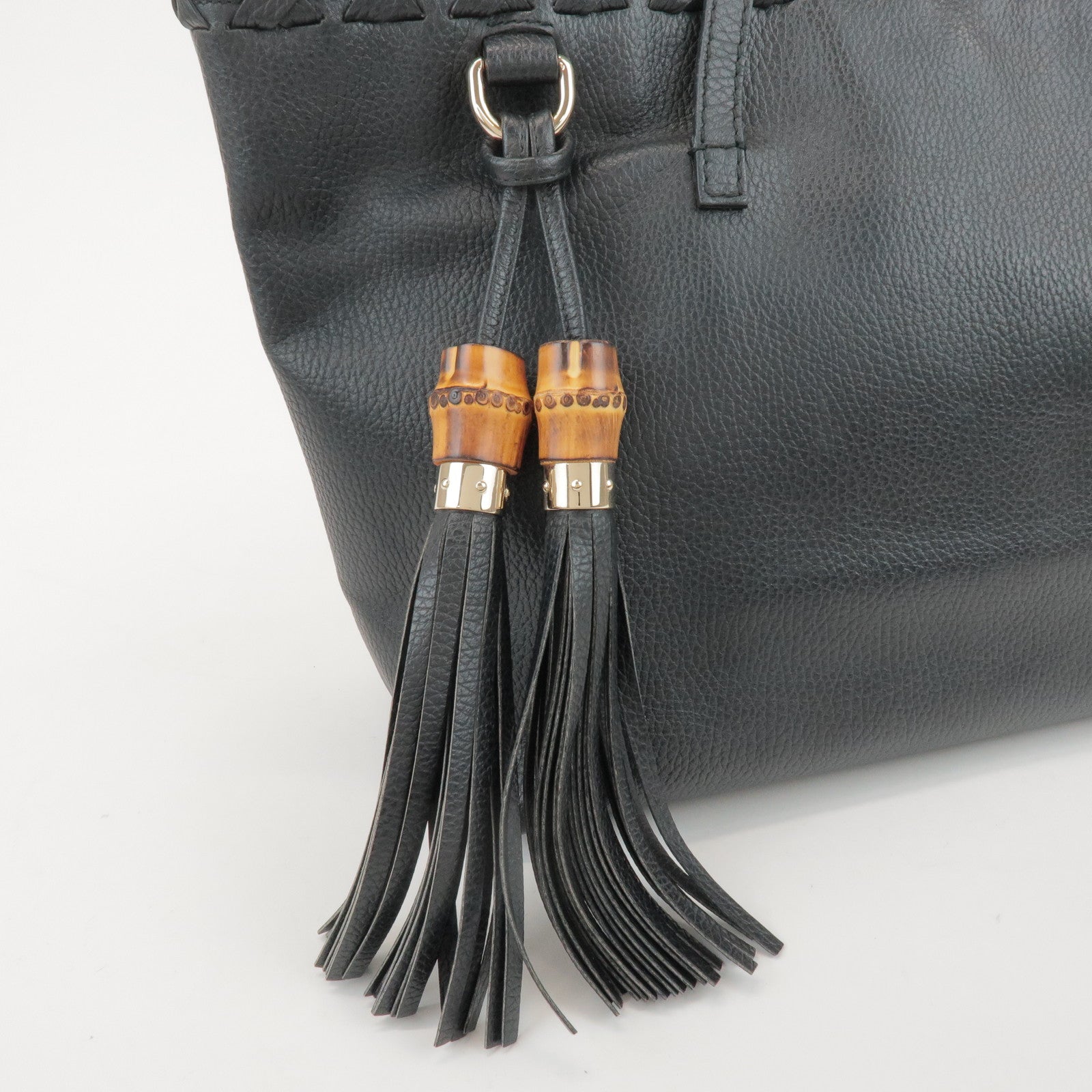 GUCCI Bamboo Leather Tote Shoulder Bag Tassel Charm Black 354665