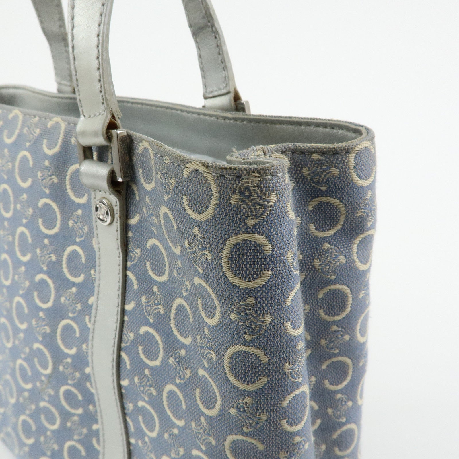 CELINE C Macadam Canvas Leather Tote Bag Hand Bag Light Blue Silver