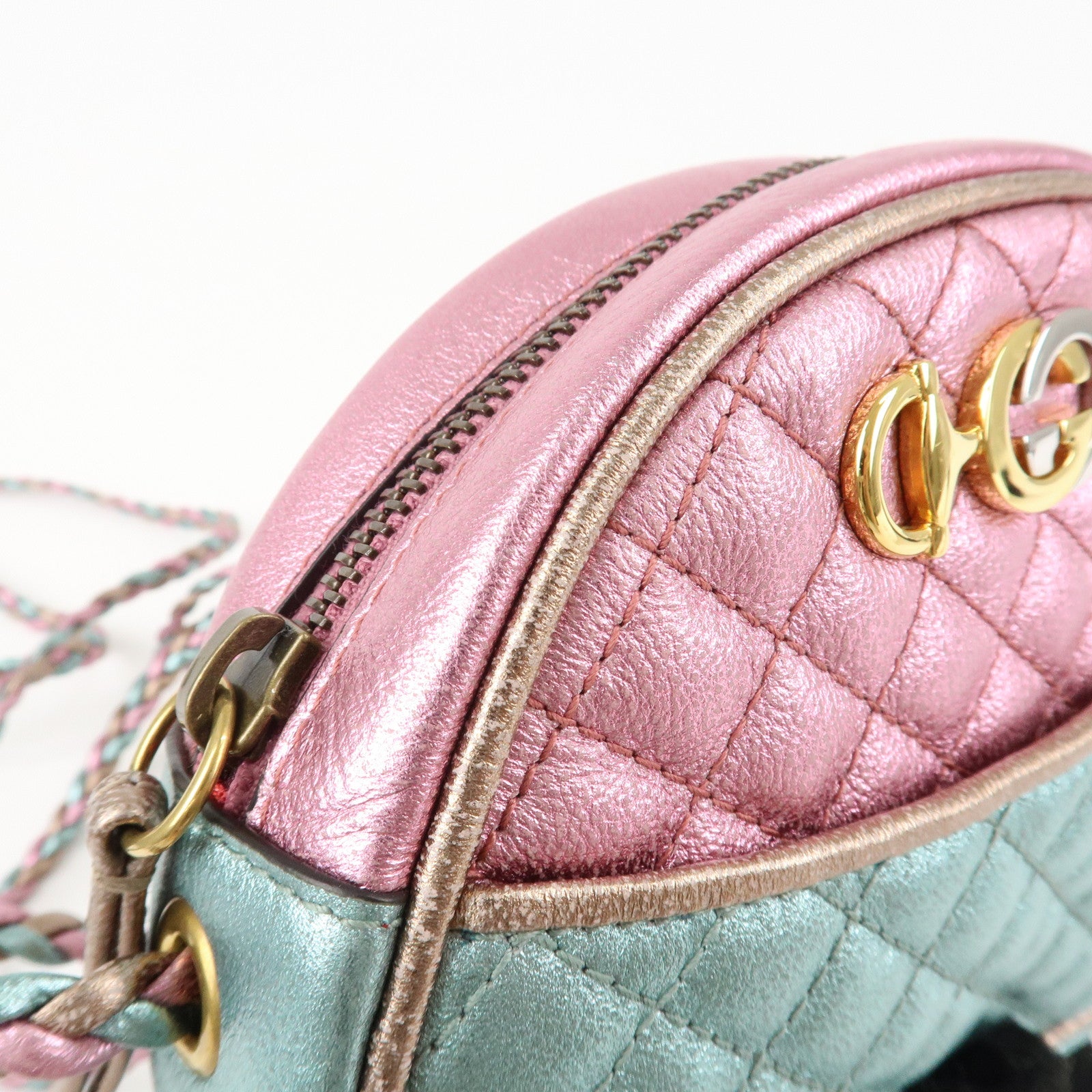 GUCCI Horsebit Leather Shoulder Bag Metallic Pink Blue 534951 Used