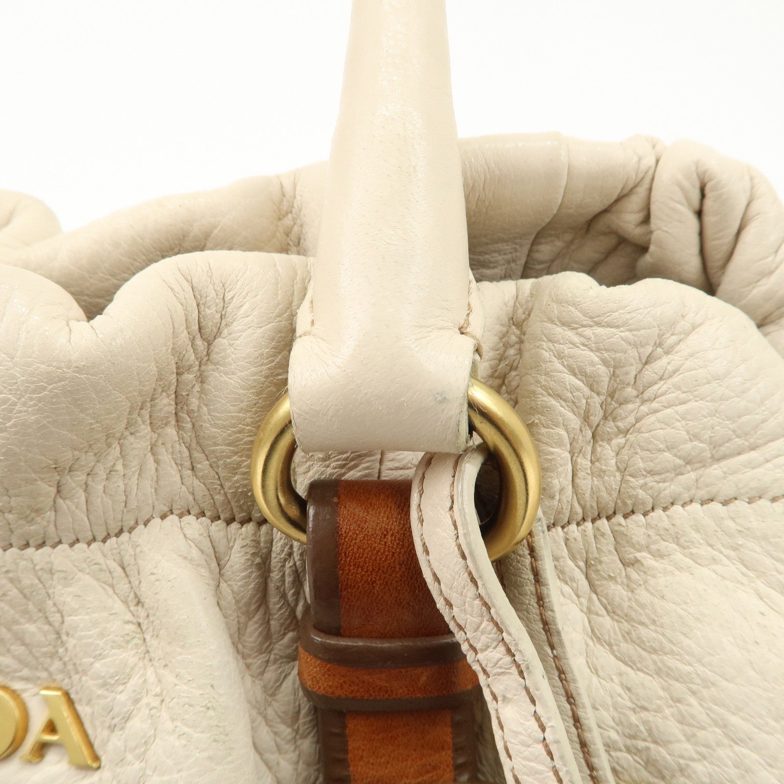 PRADA Leather 2Way Bag Tote Bag Brown White BN1773 Used