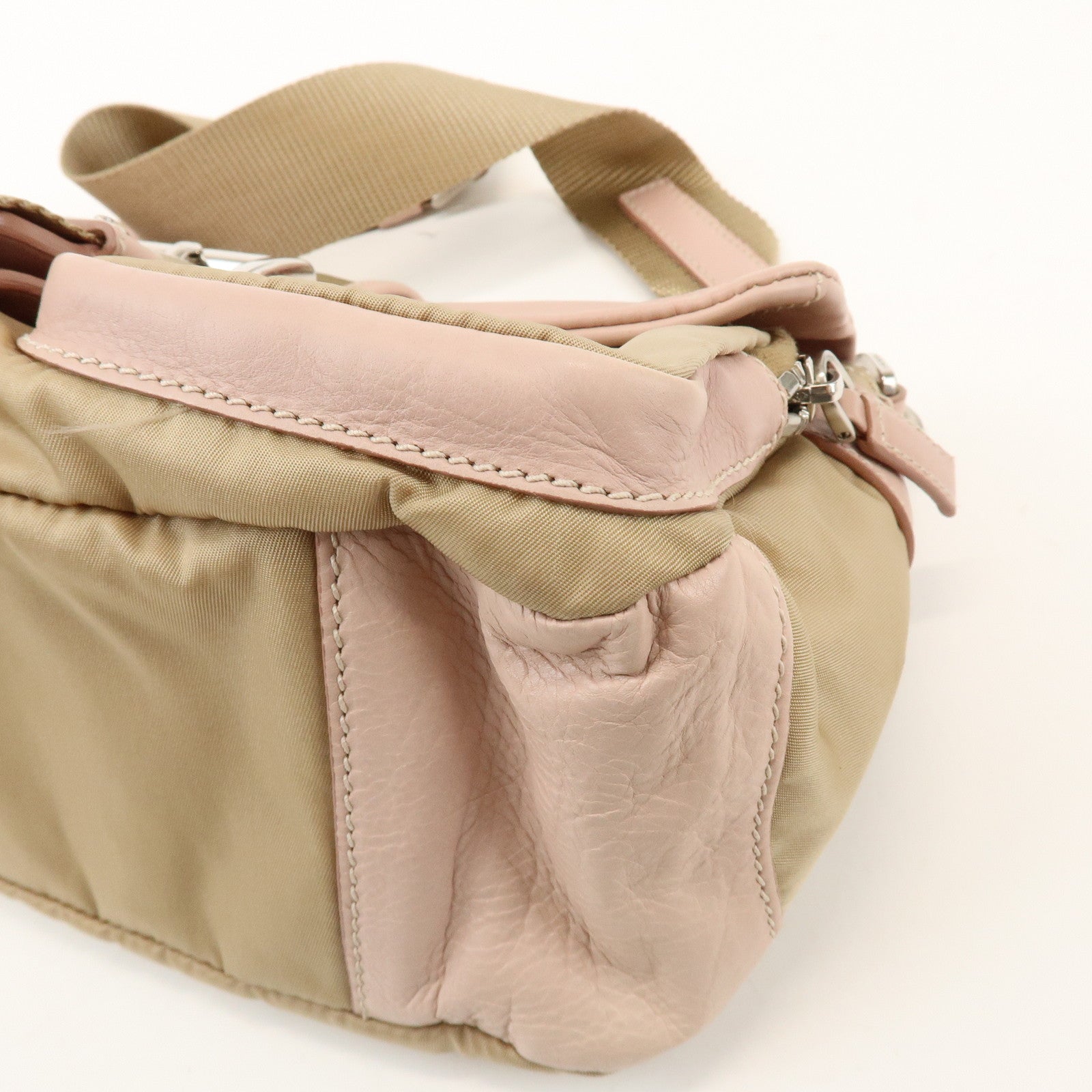 PRADA Triangle Logo Nylon Leather Shoulder Bag Beige Pink BR2417