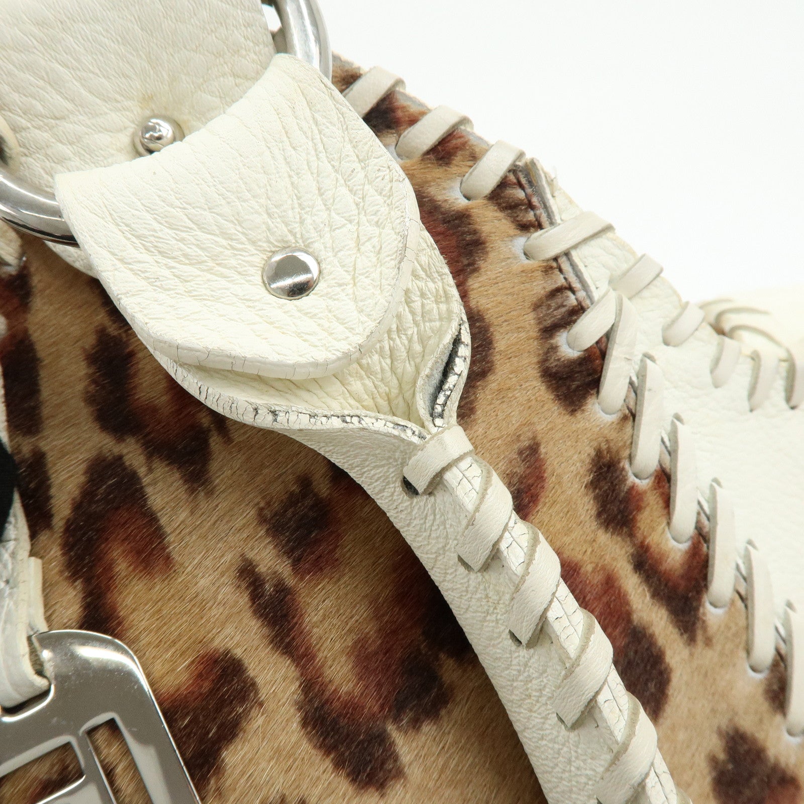 FENDI Unborn Calf Leather Tote Bag Leopard White Beige 8BR285