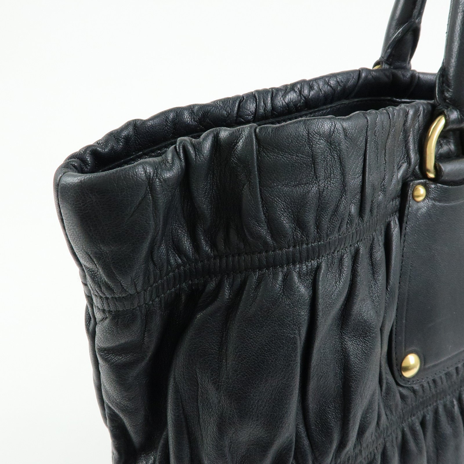 PRADA Logo Leather Gathered Tote Bag Hand Bag Black