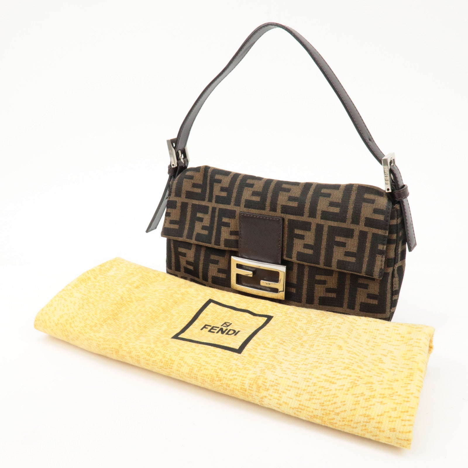 FENDI Mamma Baguette Zucca Canvas Shoulder Bag Brown Black 26424 Used