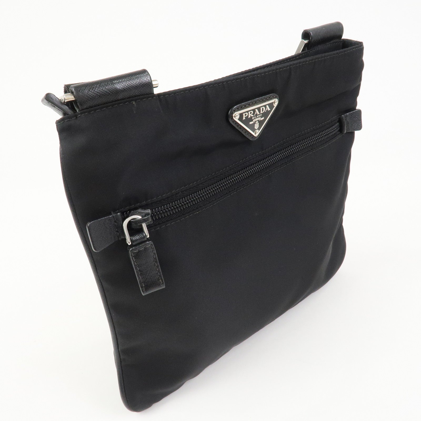 PRADA Triangle Logo Nylon Leather Shoulder Bag Black 1BH978