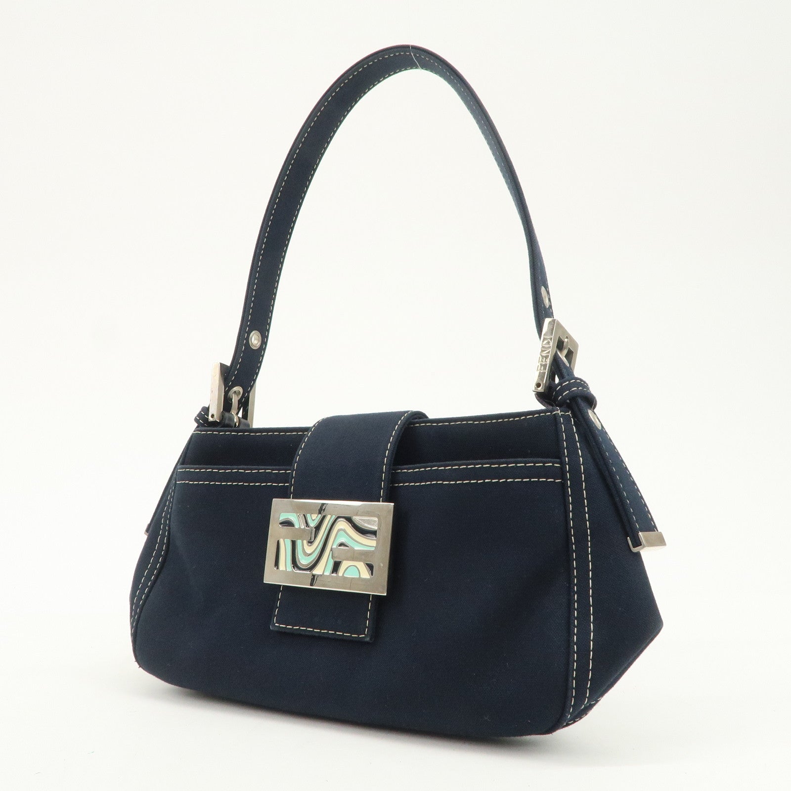 FENDI Logo Canvas Shoulder Bag Hand Bag Dark Navy