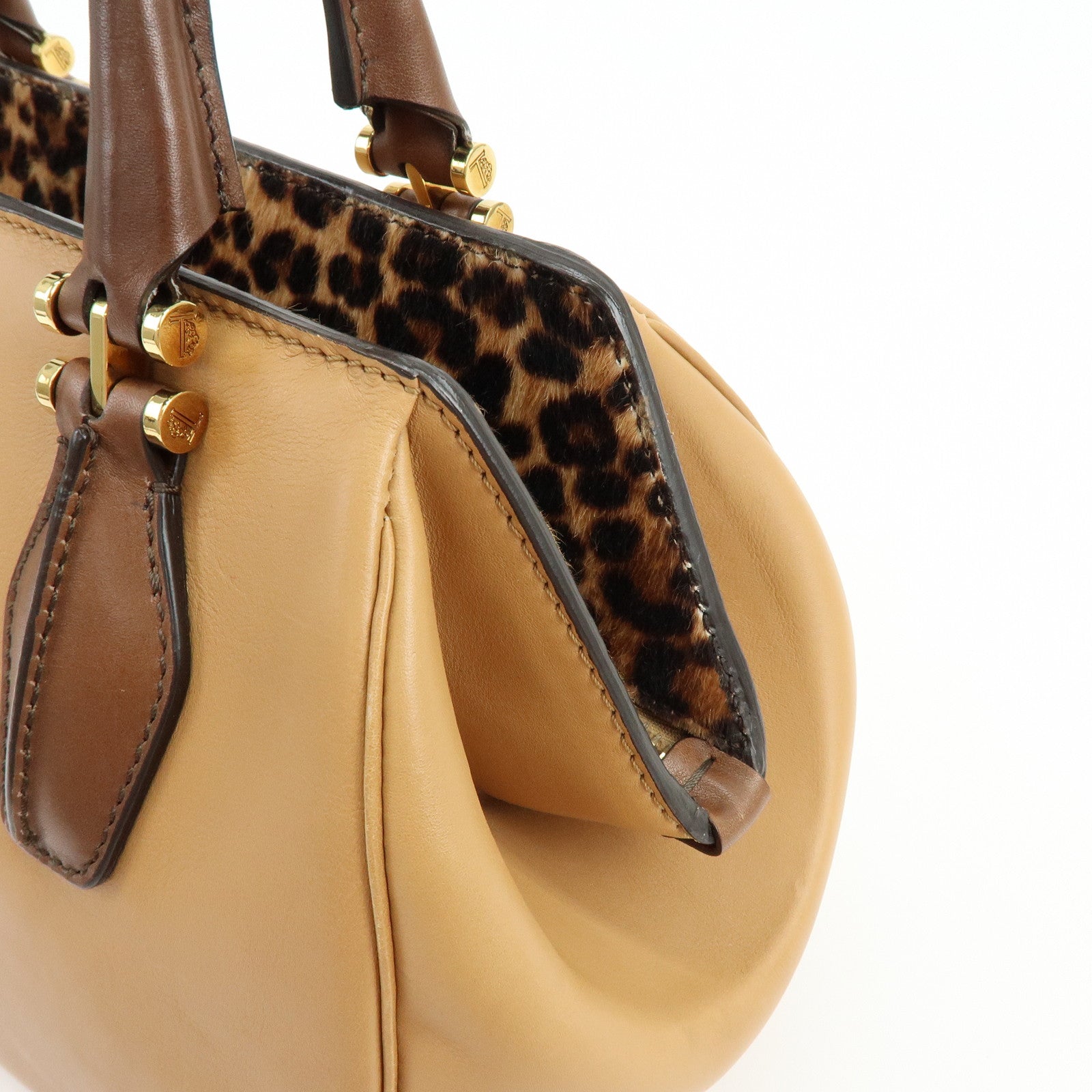 TOD'S Leather Calf Hair Bicolor Hand Bag Tote Bag Beige Brown